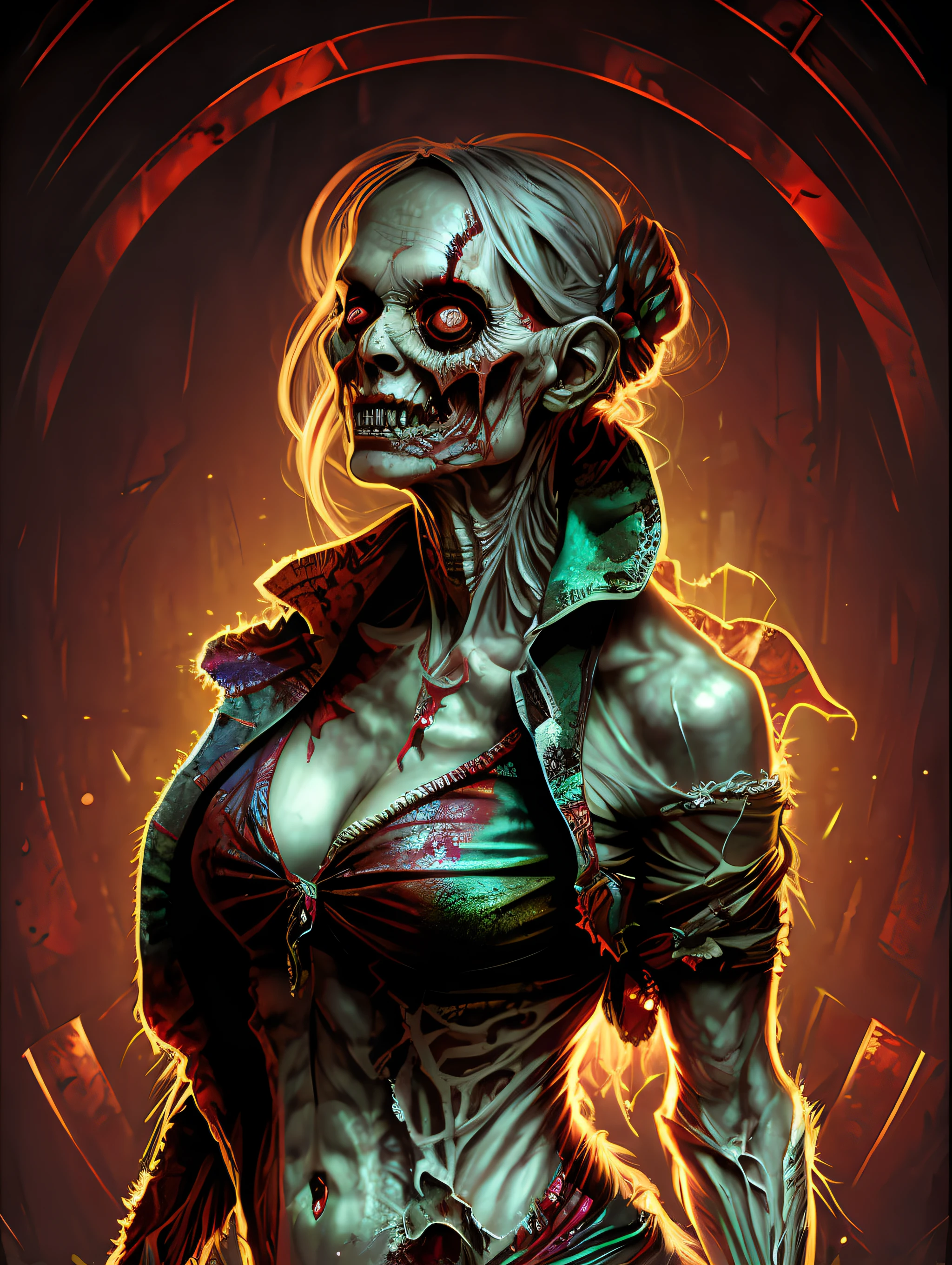 Horror art by Apterus. A beautiful zombie woman in torn clothes with patterns, a creature with a large head and a small body, against the background of a round red glow. Creepy anatomy