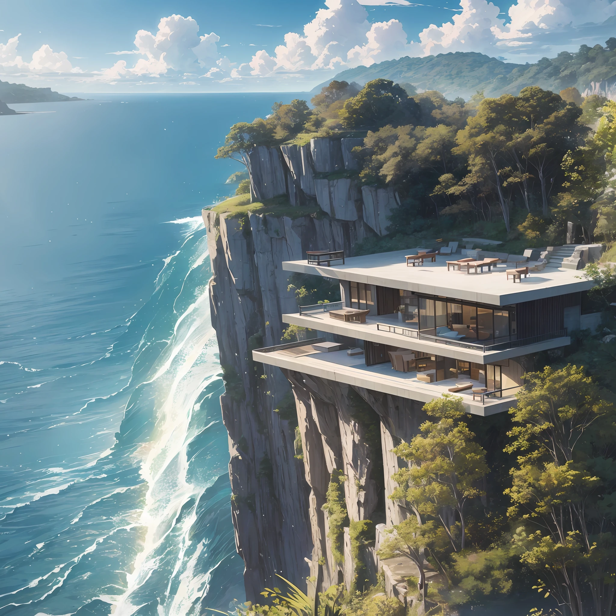 a house sitting on top of a cliff next to a river, inspired by Maginel Wright Enright Barney, high cliff, sheer cliffs surround the scene, wide angle exterior 2022, by Maginel Wright Enright Barney, bill lowe gallery, upon a peak in darien, dangerous cliffside, neobrutalist architecture, inspired by Henry Carr, falling water --auto --s2