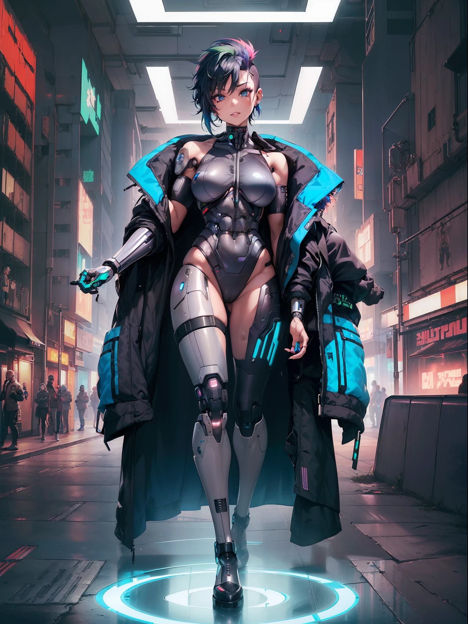 (({full body}):1.5); (({1 woman, cyborg}):1.5):{wearing black cyberpunk costume with purple accents; ((green mohawk short hair; blue eyes):1.3); looking at the viewer; manic smile; striking extroverted poses; standing}; {Background: Military base ((crowded with normal men, with different ethnicities and men's clothing of different colors and styles):1.3); all men looking at only {1 woman, cyborg}};  (cyberpunk:1.3), 16k, ((best quality, high details):1.3), UHD, masterpiece