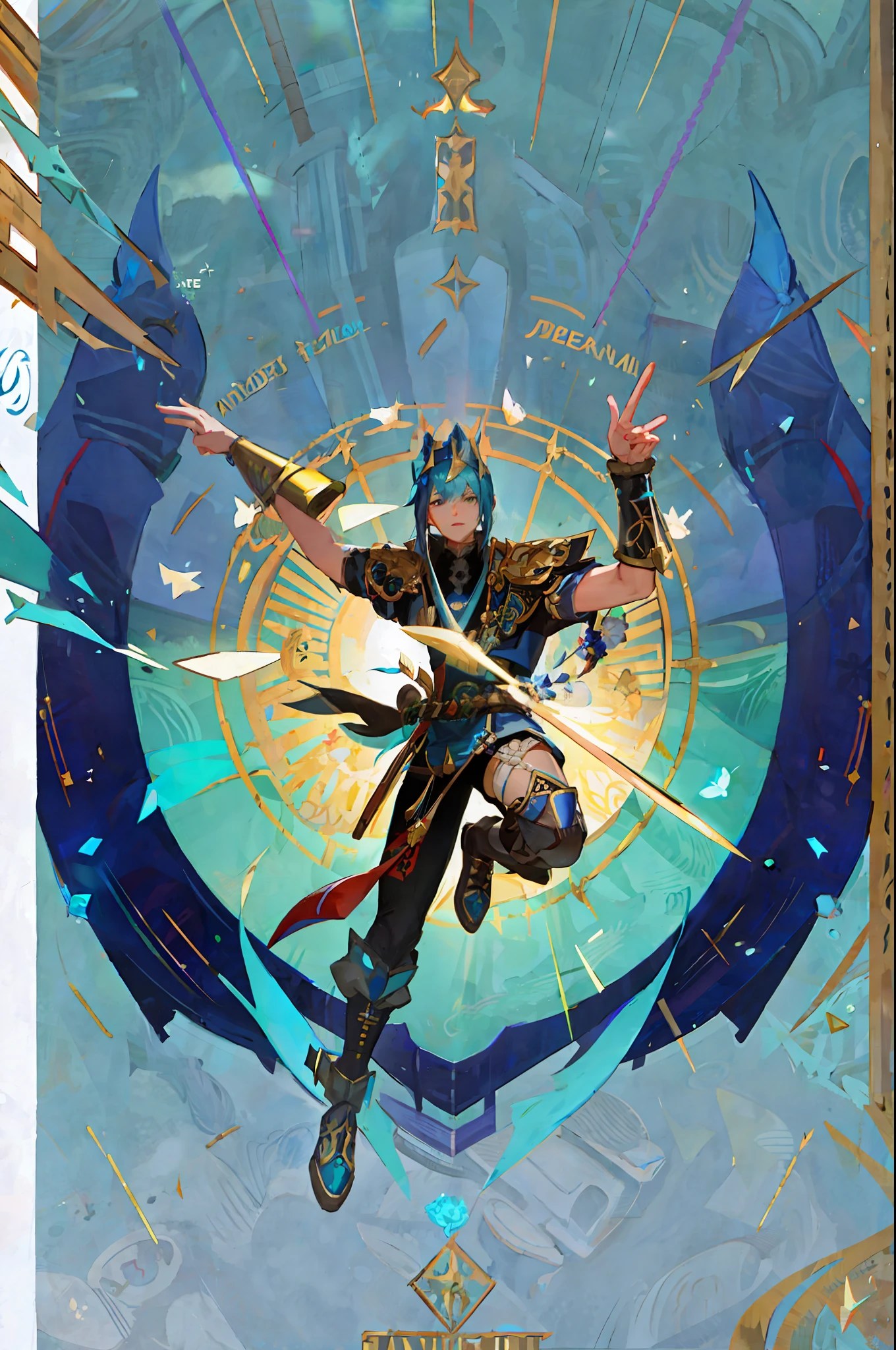 arafed image of a man in a blue outfit with a sword, style of duelyst, artgerm and atey ghailan, art deco shaman, jen bartel, in the art style of mohrbacher, mohrbacher, rossdraws global illumination, cushart kenz, rossdraws | afrofuturism, jc leyendecker and sachin teng