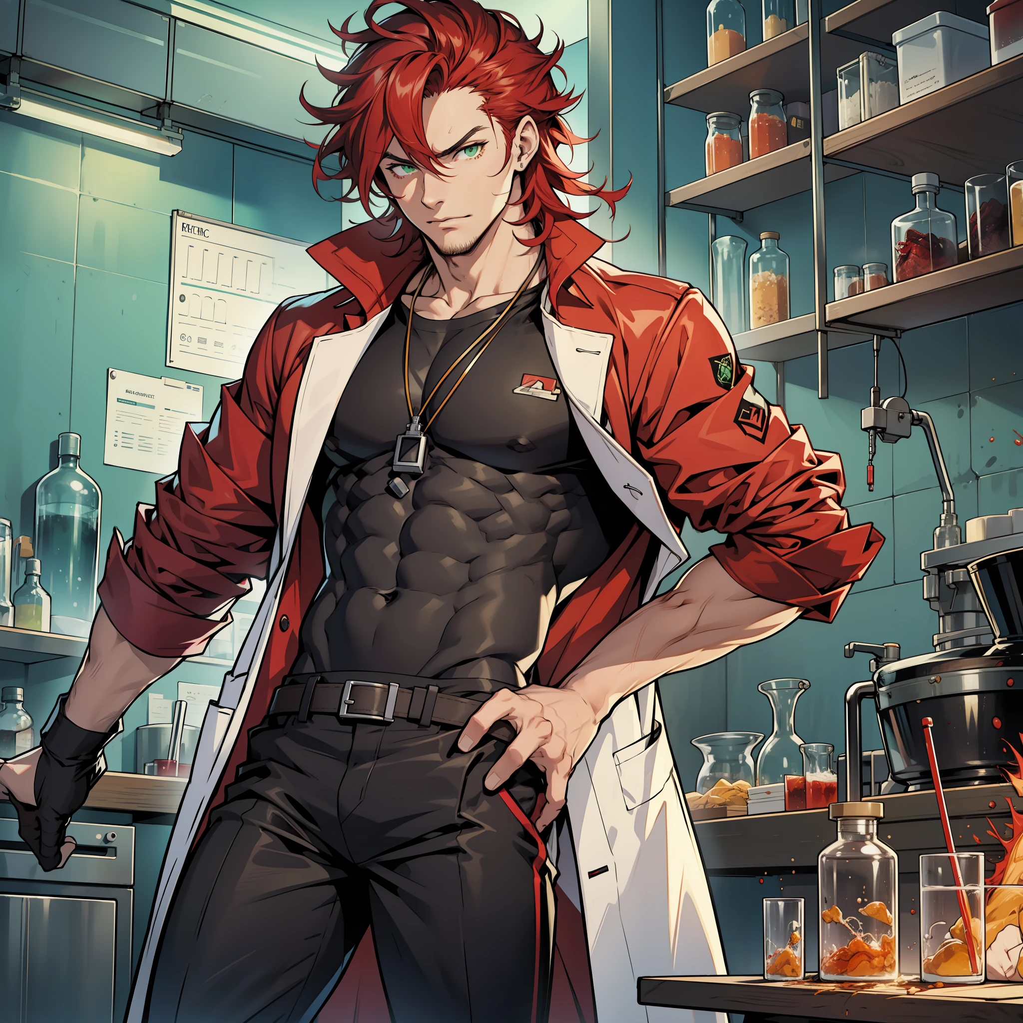 sexy man, pumped, messy red hair, green eyes, scientist lab coat, black pants, lab set in the background,
