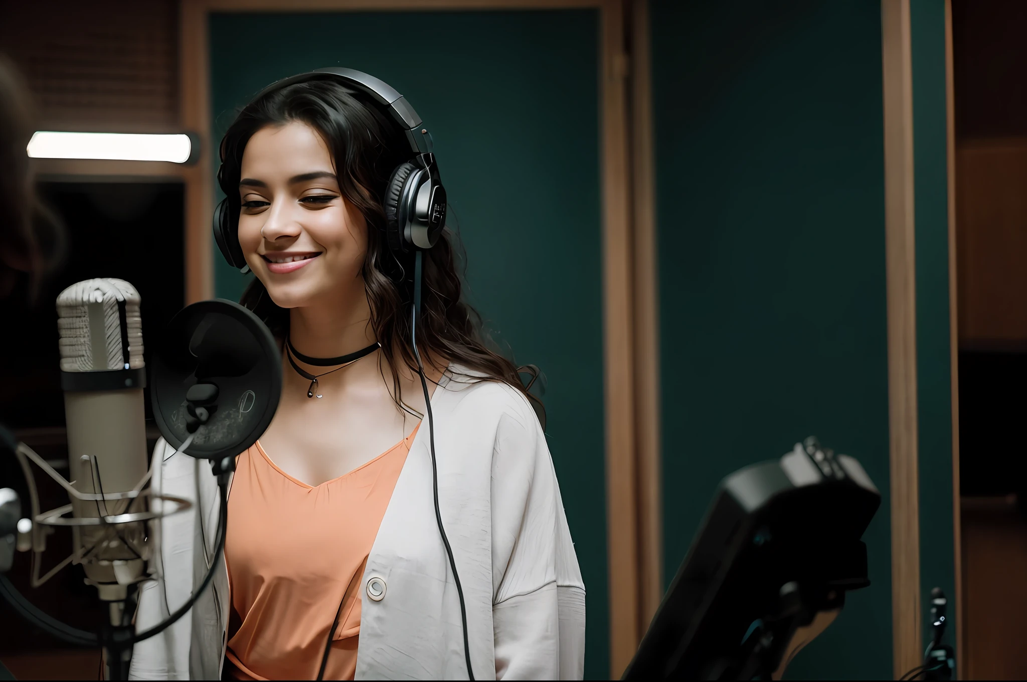smiling woman in a recording studio with headphones on, girl in studio, studio recording, in a studio, high quality portrait, beautiful studio face, new song, vocalist, backup vocalists, sitting in front of a microphone, singer in the voice show, singing into microphone, promo art, close up portrait shot, shot on sony a 7 iii, singing for you