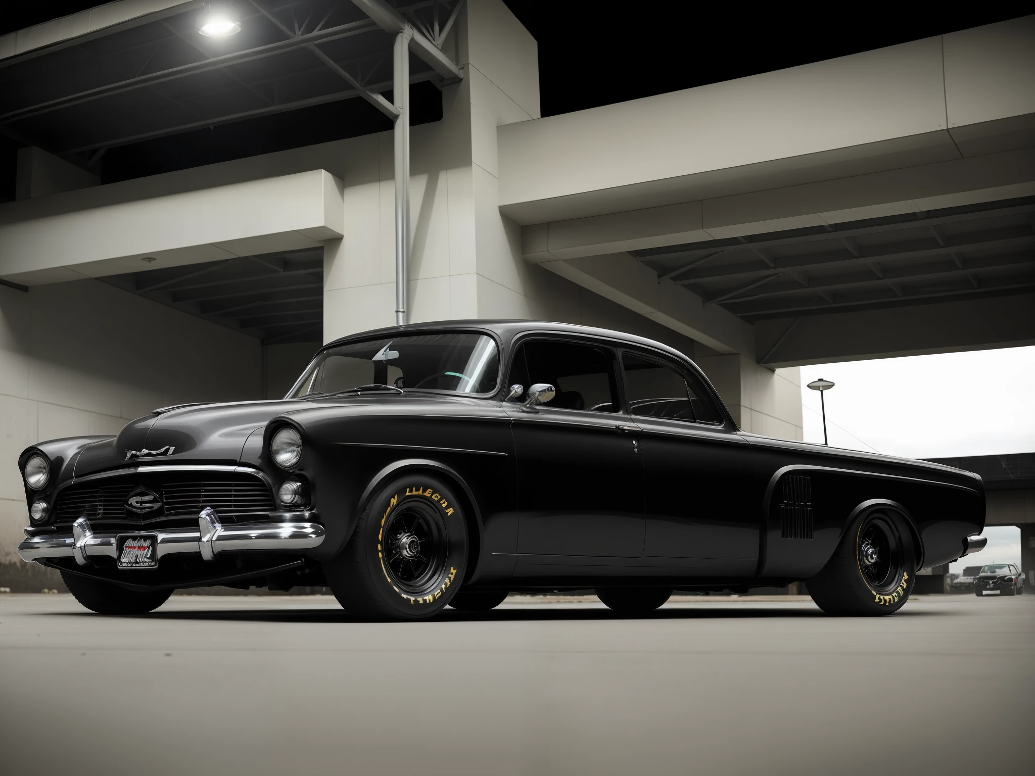 (((low-slung old retro tuned black race zeekars))) at the parking lot, at night city,
