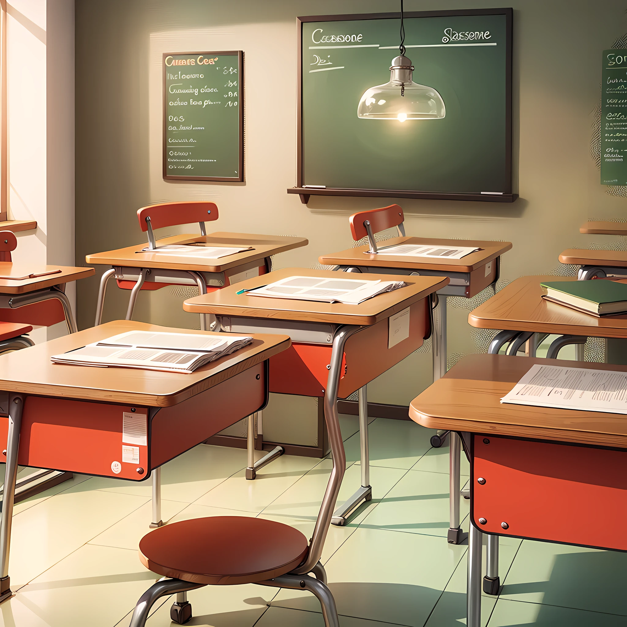Create a classroom with desks and red chairs, cartoon --auto --s2