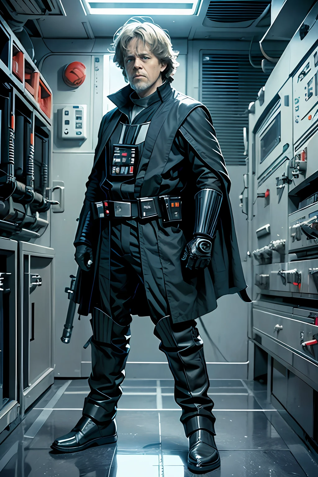 Luke Skywalker put on the darth vader outfit without a helmet. Star wars scenario, full body. Realistic, detailed --auto --s2