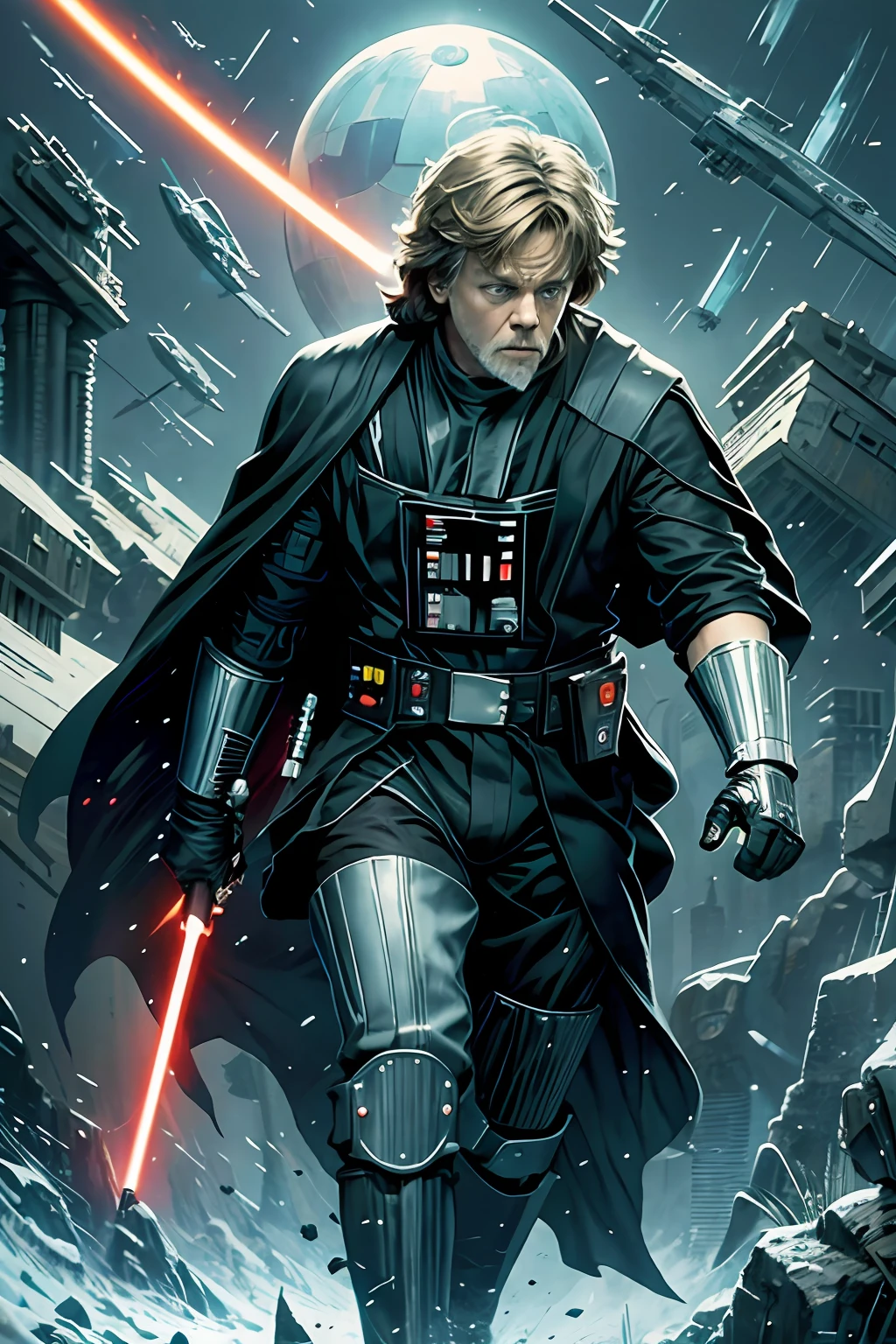 Luke Skywalker put on the darth vader outfit without a helmet. Star wars scenario, full body. Realistic, detailed --auto --s2