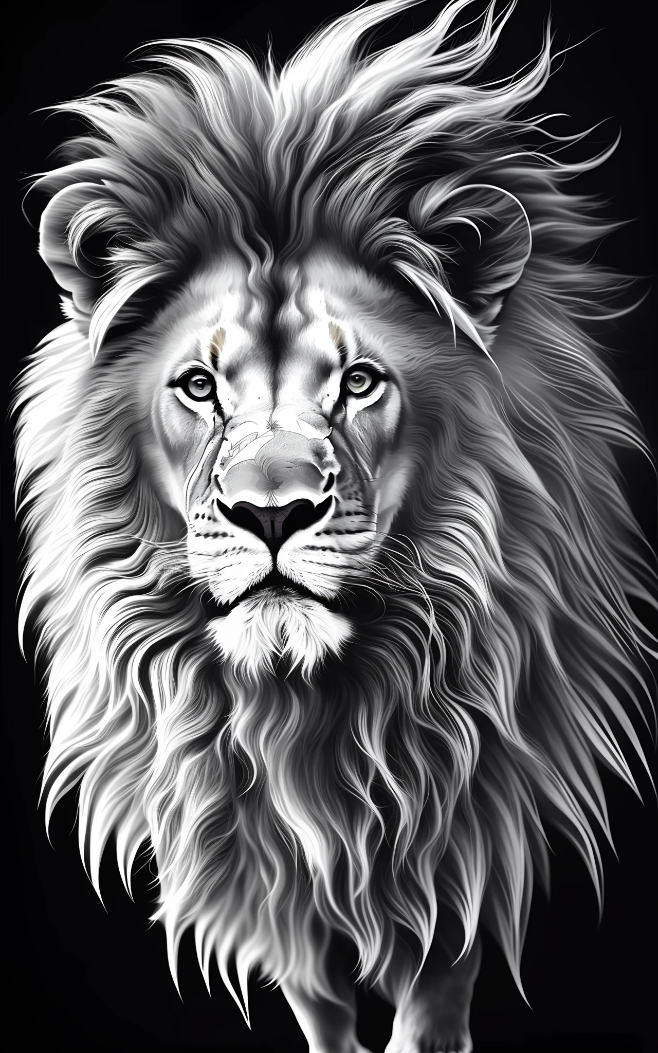 lion head, half lion, half puzzle pieces disassembled, lion, monochrome airbrush painting, detailed 4K drawing, highly detailed 4K art, warrior lion, with the mane of a lion, third lion head, highly detailed animal, the mane of a lion, highly detailed drawing, 2 D full body lion, colorful illustration for tattoo, parts of the lion's face in the scattered puzzle