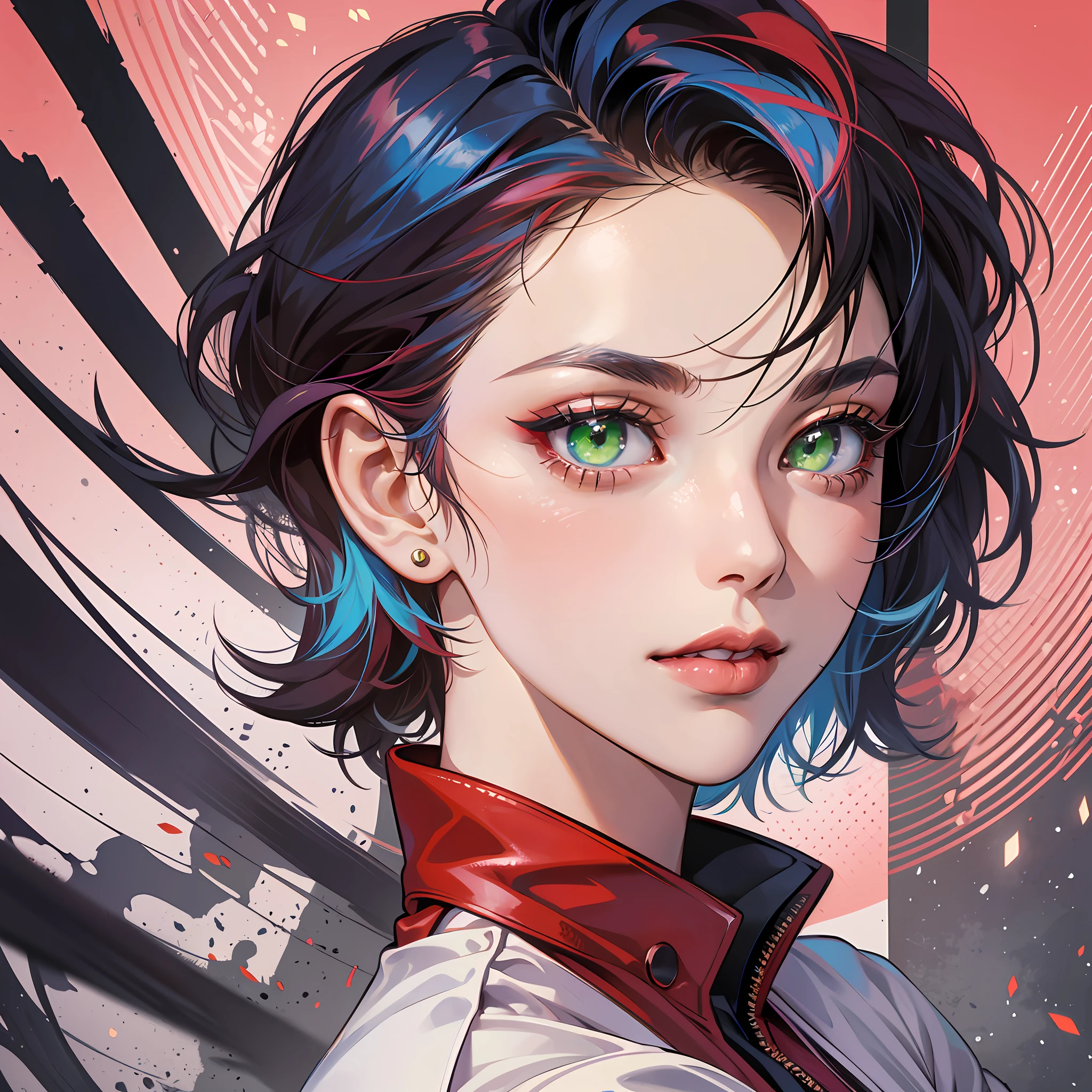 Anime portrait of a Original Character, Volumetric Lighting, Best Shadows, Portrait Of Stunningly woman, profissional cientist, atletic, strong Beautiful Attractive Face With serious lime green Eyes, perfect Painted Face, Slim Eyebrows, Broadly Smiling, closed mouth, Lovely medium Breas earing, red lipstick, short pixie messy dark blue Hair, Blush Eyeshadow, Thick Eyelashes, elegant red modern clothes, Slim Waist, red Pants, With Buckle Belt, in a laboratory, white light, science things all around, (Highest Quality, Amazing Details:1.25), (Solo:1.3), Brilliant Colorful Paintings --auto --s2