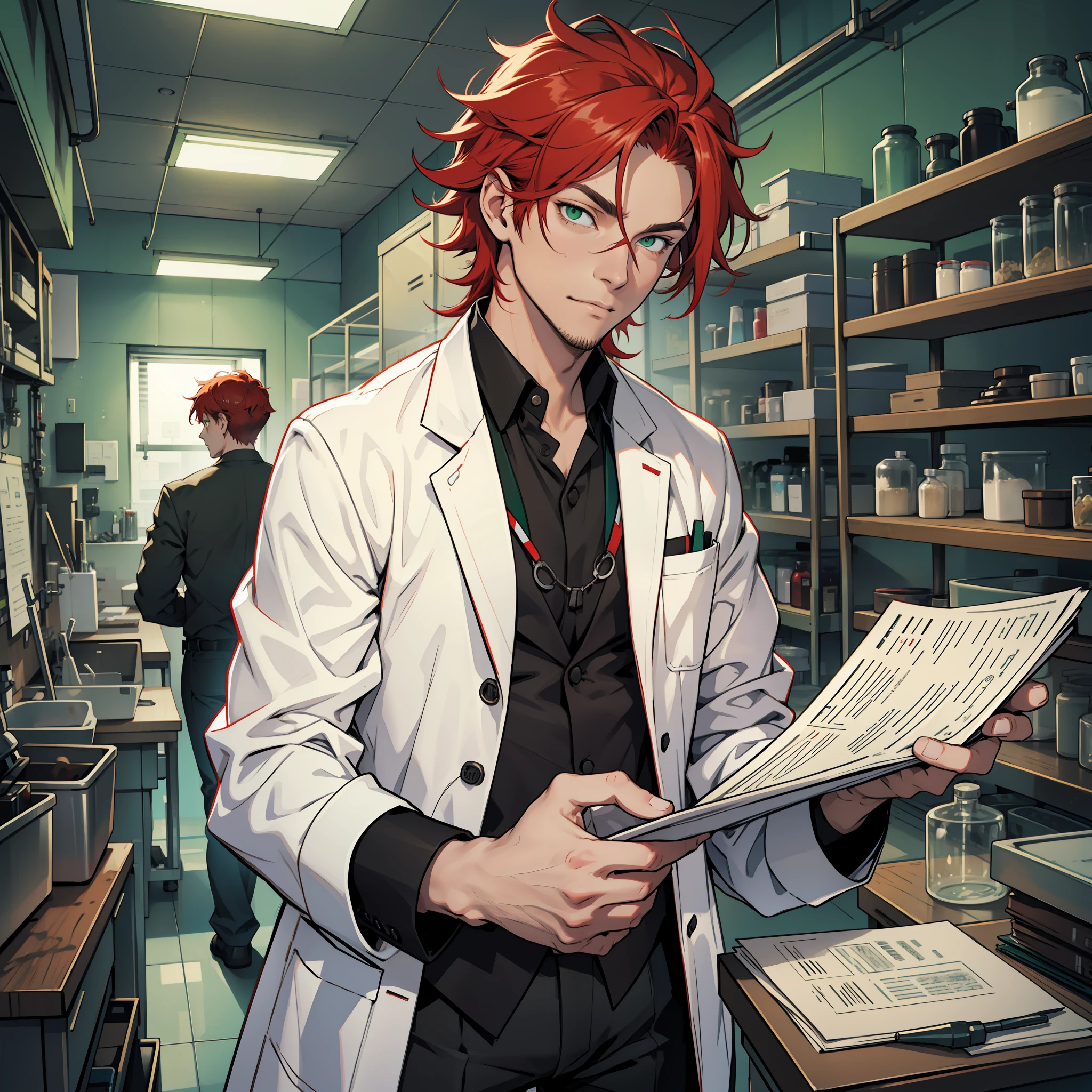 sexy man, , messy red hair, green eyes, white scientist coat, black pants, lab set in the background,