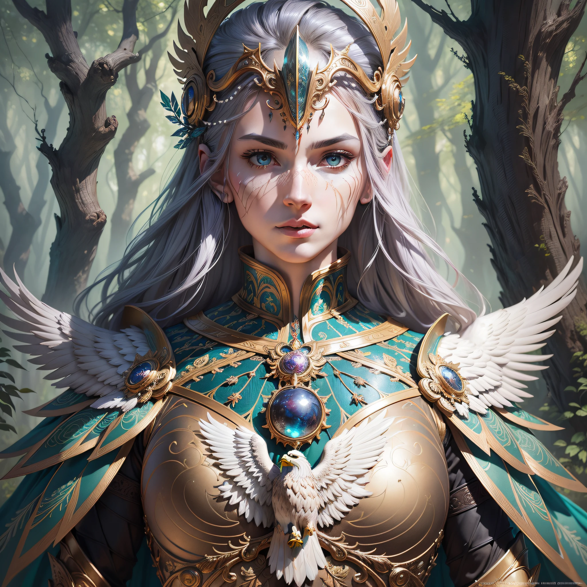 highly intricately detailed photograph of a beautiful celestial eagle-man in a forest wearing armor, fantasy, in the style of android jones, anna dittman, hyperrealistic, a beautiful digital painting, concept art, trending on artstation, sharp focus, studio photo, intricate details, highly detailed, by greg rutkowski, sf, intricate artwork masterpiece, ominous, matte