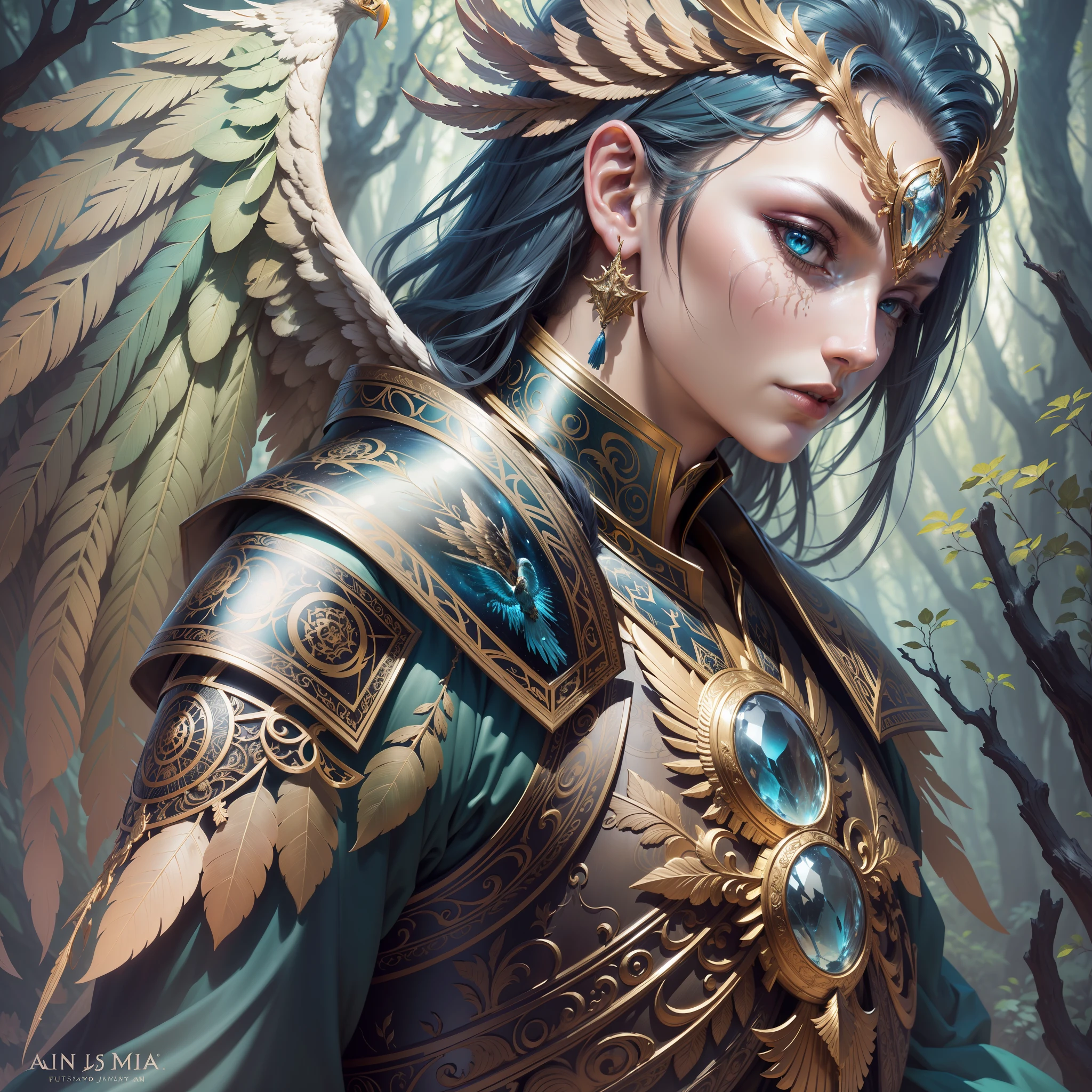 highly intricately detailed photograph of a beautiful celestial eagle-man in a forest wearing armor, fantasy, in the style of android jones, anna dittman, hyperrealistic, a beautiful digital painting, concept art, trending on artstation, sharp focus, studio photo, intricate details, highly detailed, by greg rutkowski, sf, intricate artwork masterpiece, ominous, matte