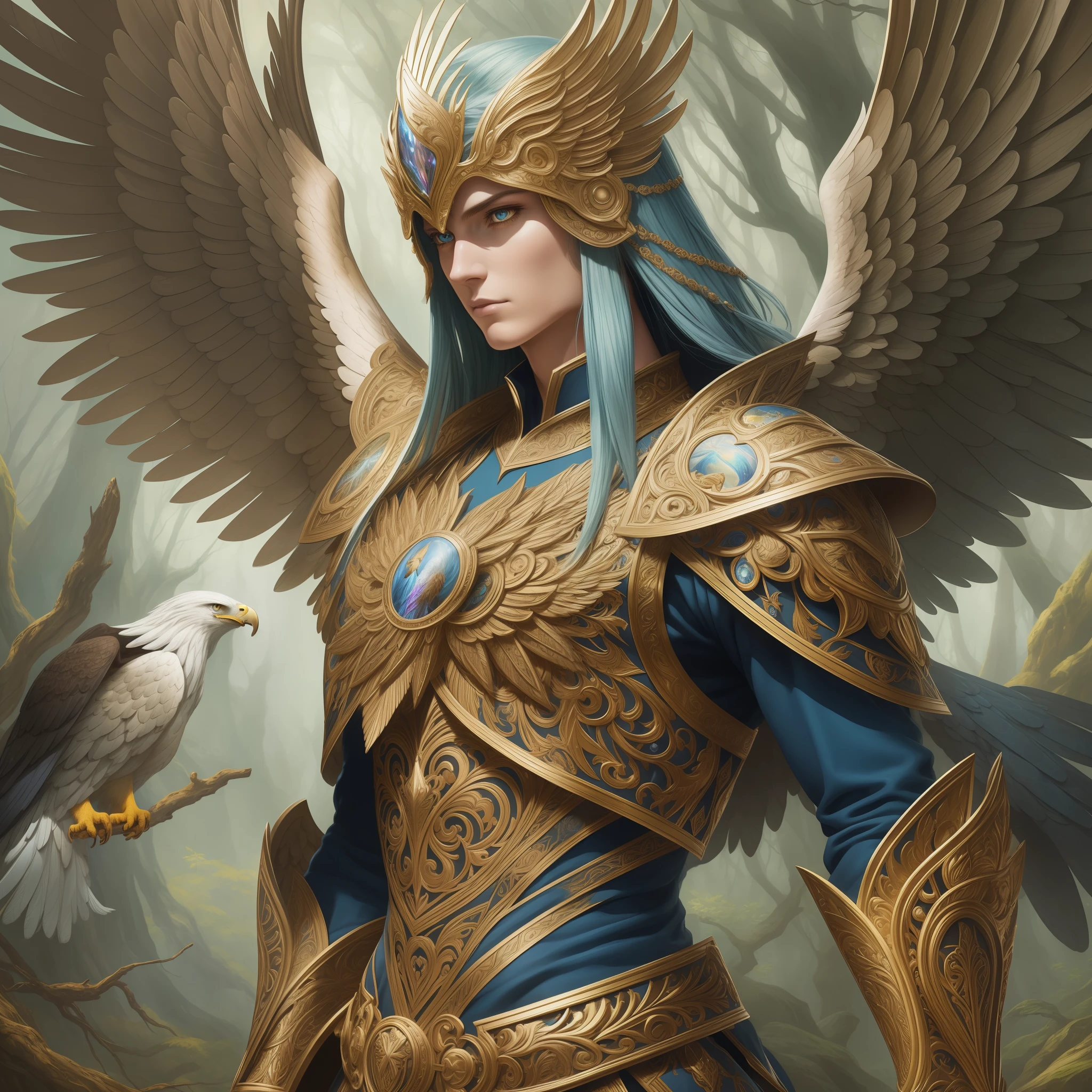 highly intricately detailed photograph of a beautiful celestial eagle-man in a forest wearing armor, fantasy, in the style of android jones, anna dittman, hyperrealistic, a beautiful digital painting, concept art, trending on artstation, sharp focus, studio photo, intricate details, highly detailed, by greg rutkowski, sf, intricate artwork masterpiece, ominous, matte