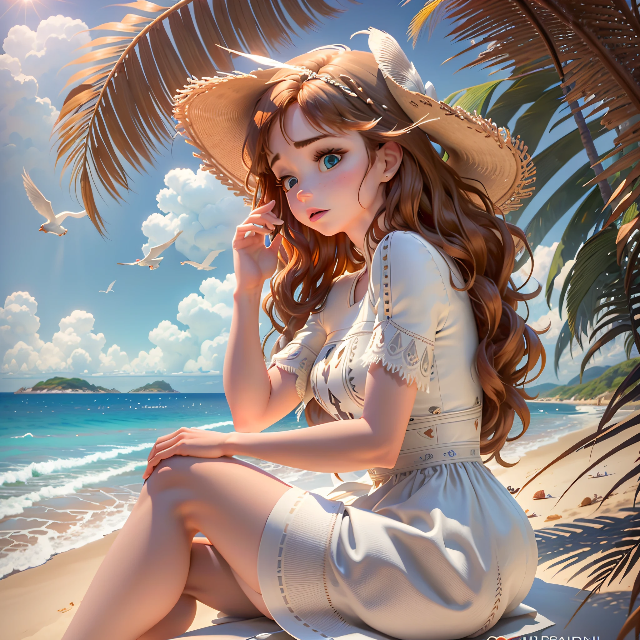 A 33-year-old woman, fair skinned, very beautiful, long brown hair, short stature, wearing a white dress. She is sitting on the sand of the beach watching the sea on a day of sunshine and blue sky. She's alone on the beach. Seagulls fly through the sky, sunlight reflects softly on their face.