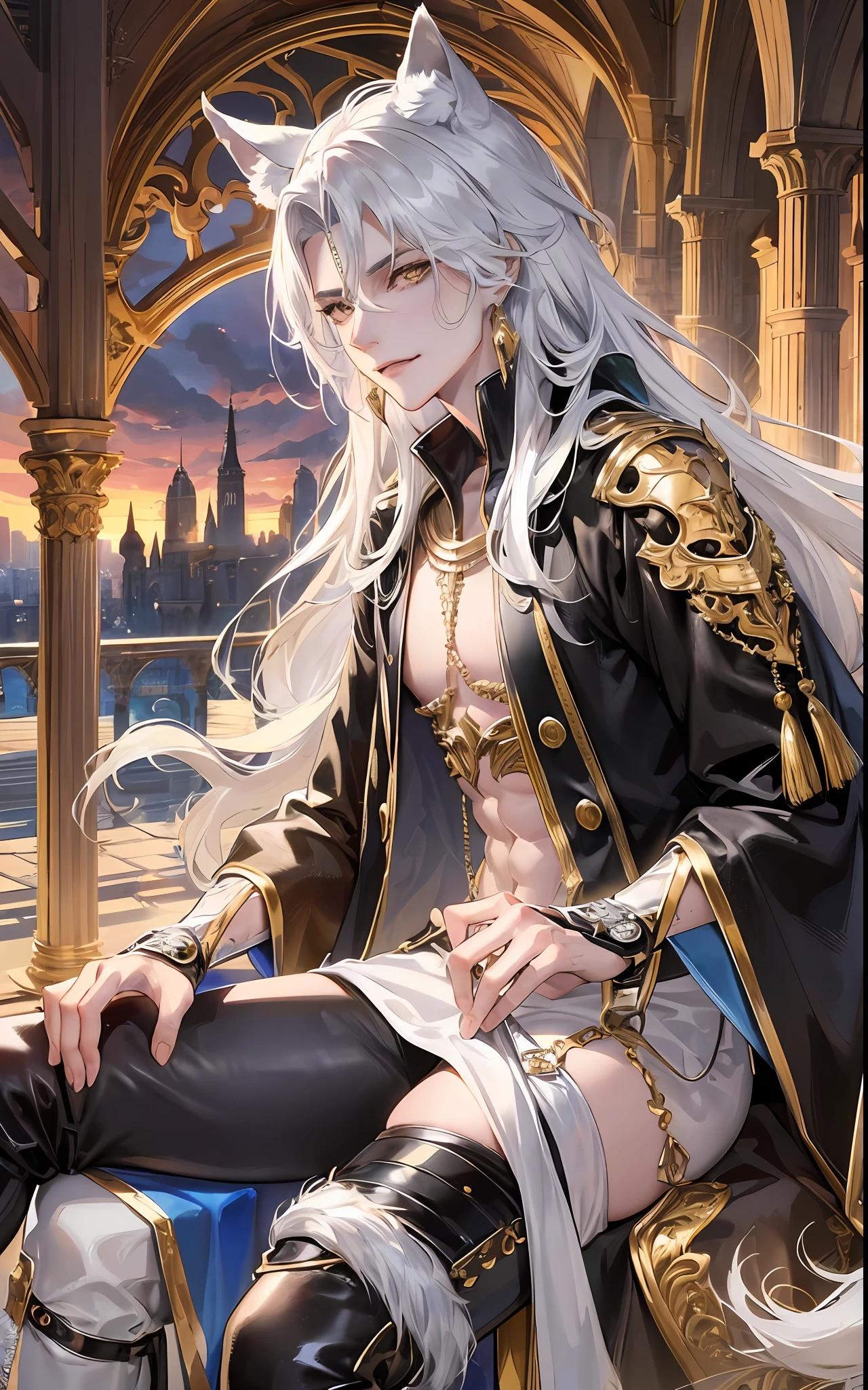 man, masculine, masculine face, attractive, muscular, ((1man)), masterpiece, absurdres, best quality ,intricate details , (shiny skin, shiny body, shiny oily luster skin, shiny hair, pale skintone), Sundown, attractive, ((muscular)), adult, one,medieval clothes, earrings, black pants, Don't look at the view , Not looking at the view, silver long hair, perfect detailed face, perfect detailed hands, wolf ears, wolf tail, gold eyes, ((MLS)), smirk, medium large shoot, 3/4 shoot, ((knee high photography plane))