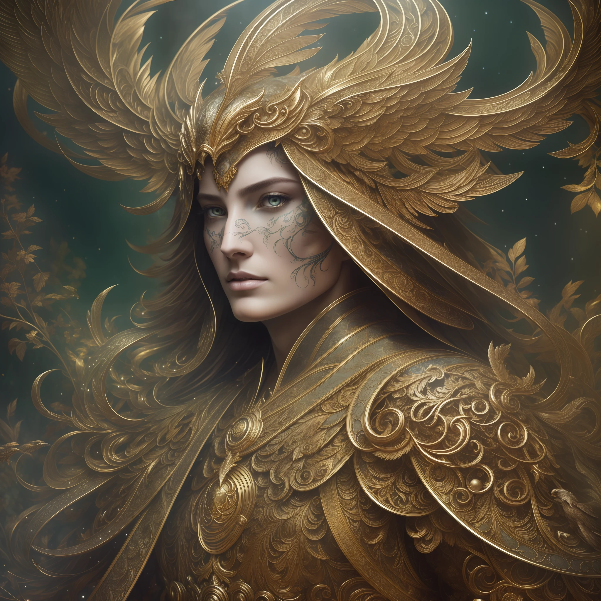 highly intricately detailed photograph of a beautiful celestial eagle-man in a forest wearing armor, fantasy, in the style of android jones, anna dittman, hyperrealistic, a beautiful digital painting, concept art, trending on artstation, sharp focus, studio photo, intricate details, highly detailed, by greg rutkowski, sf, intricate artwork masterpiece, ominous, matte