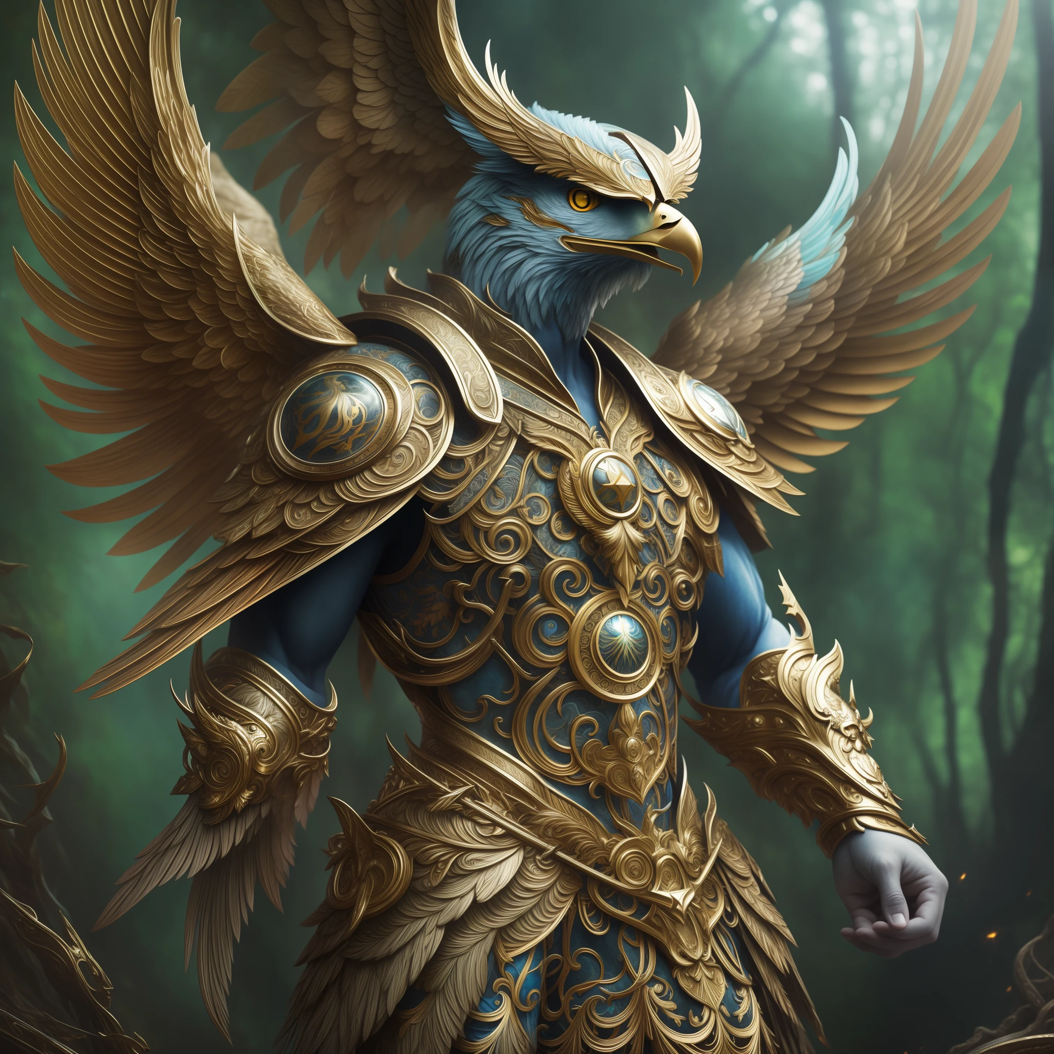 highly intricately detailed photograph of a beautiful celestial eagle-man in a forest wearing armor, fantasy, in the style of android jones, anna dittman, hyperrealistic, a beautiful digital painting, concept art, trending on artstation, sharp focus, studio photo, intricate details, highly detailed, by greg rutkowski, sf, intricate artwork masterpiece, ominous, matte
