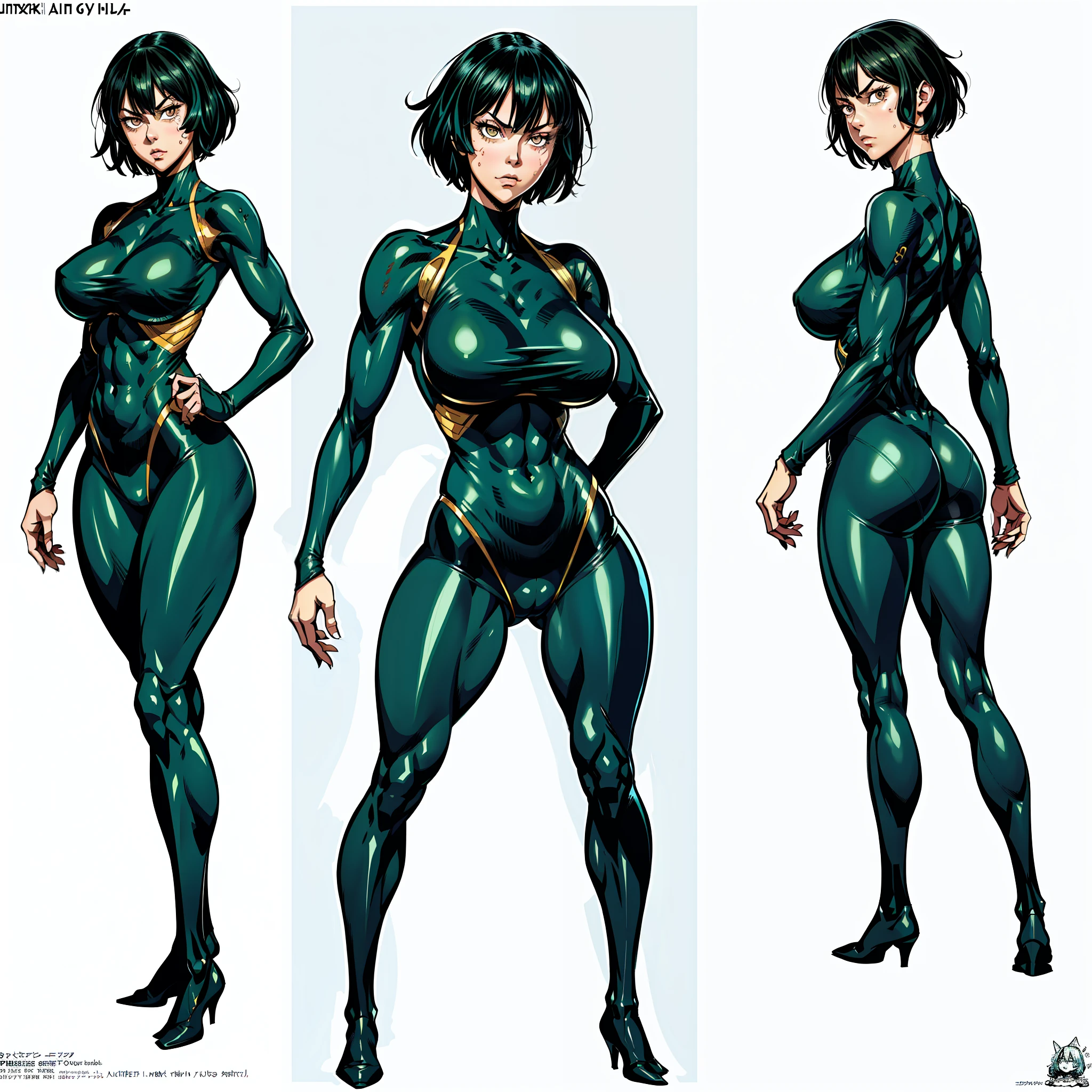 A closeup of a woman and some other poses, front side and back poses, cutesexyrobutts, woman with short hair, bright eyes, muscular!, fit body, gynoid body, sweaty body, perfect body, fit body, abdomen, large breasts, chubby butt, prancing ass, prancing butt, full body concept art, detailed full body concept art,  Yusuke Murata style, Ilya Kuvshinov, Oppai proportions, official character art, uniform, full body concept, (best quality, masterpiece) a cute chibi girl,