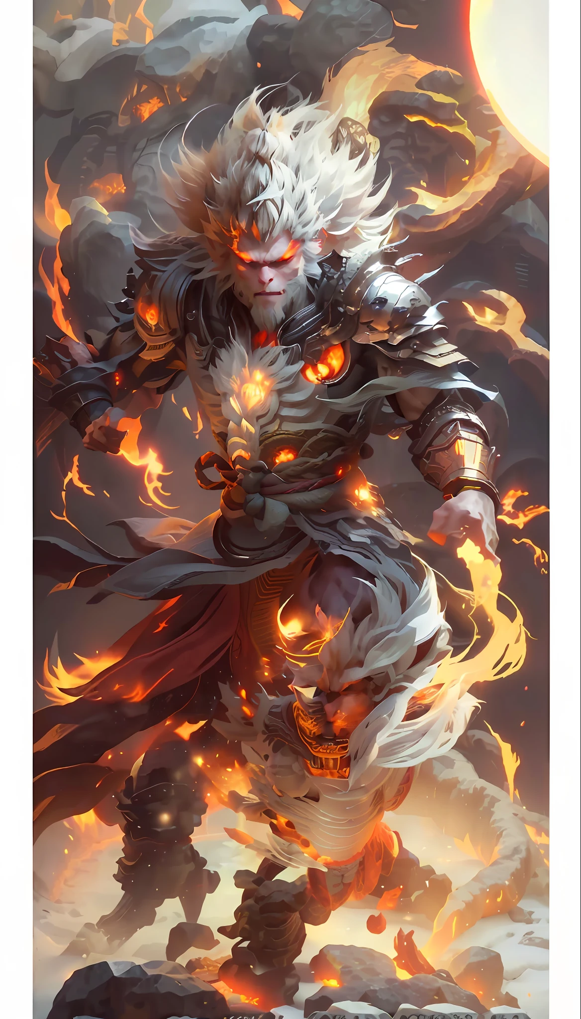 a close up of a person with a fire ball in their hand, fire demon, ghost of the fire spirit, fire lion, fire elemental, sun wukong, asura from chinese myth, fire mage, by Yang J, holy fire spell art, fire behind him, appears as the fire goddess, onmyoji detailed art, flame conjuring armored
