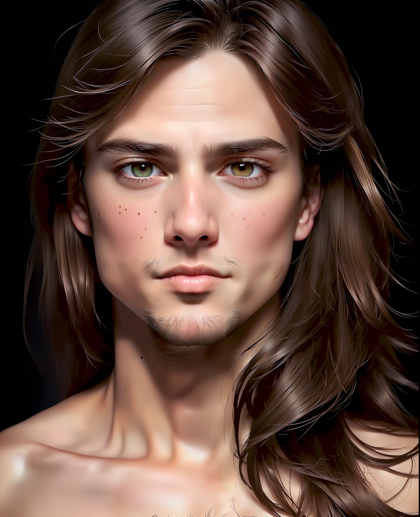 Portrait of a very handsome man. Perfect skin. It has a black mole near the upper lip. Long hair to the shoulders. Light brown hair. Electronic green eyes. Big eyes. Fleshy and proportionate lips. Hyper-detailed. Photorealistic. 8k. High quality