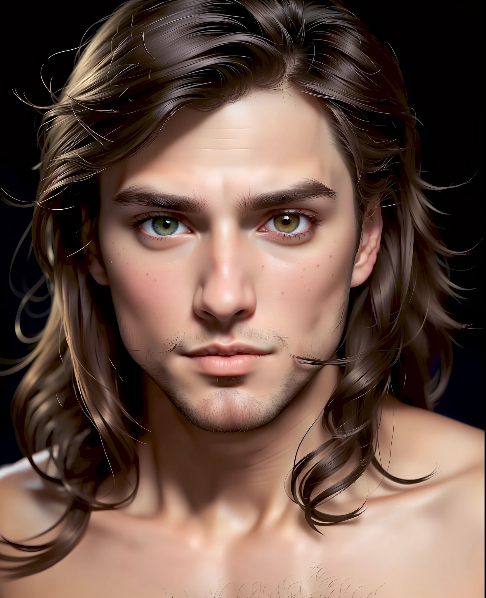 Portrait of a very handsome man. Perfect skin. It has a black mole near the upper lip.  Long hair to the shoulders. Light brown hair. Electronic green eyes. Big eyes. Fleshy and proportionate lips.  Hyper-detailed. Photorealistic. 8k. High quality