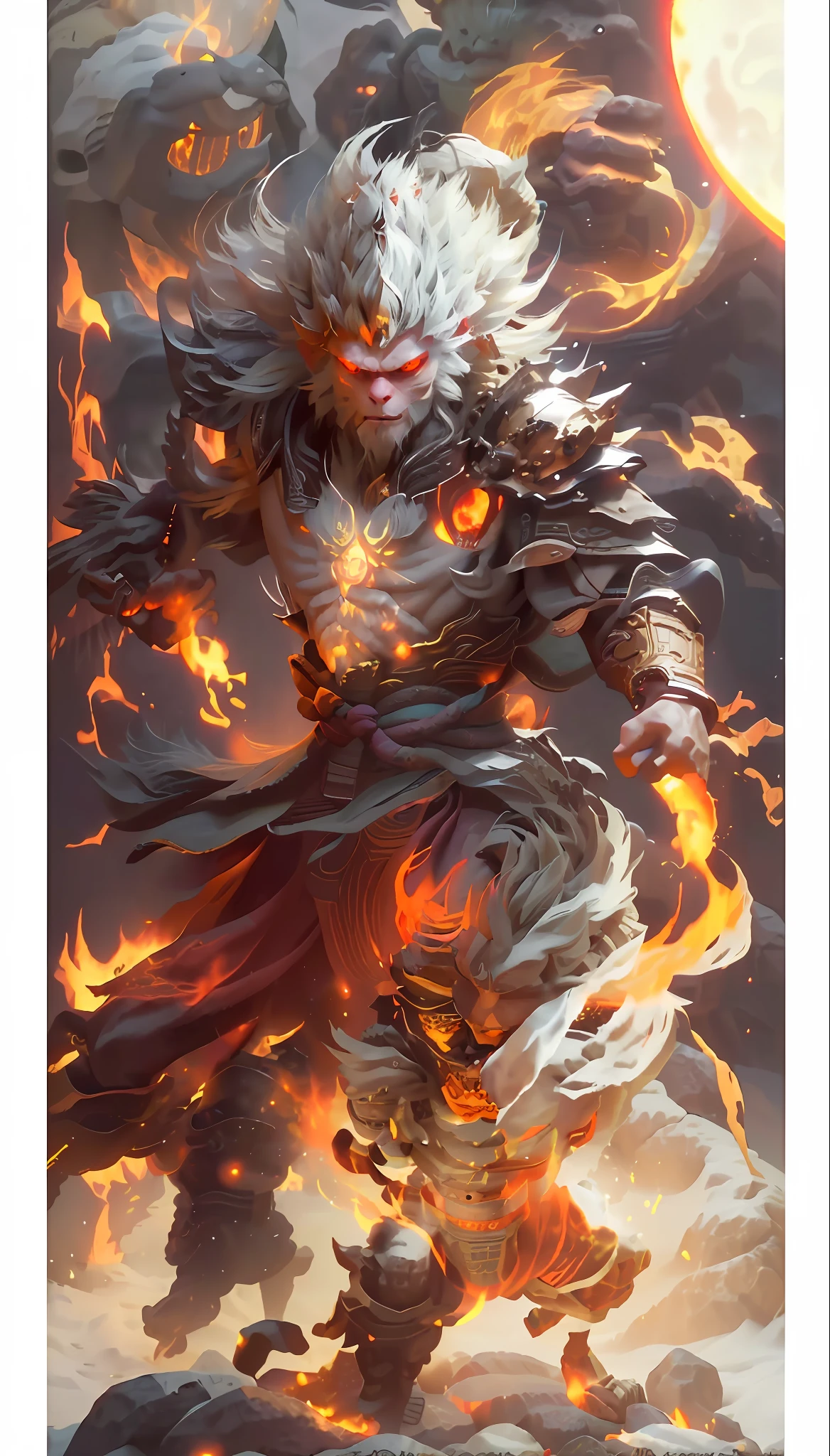 a close up of a person with a fire ball in their hand, fire demon, ghost of the fire spirit, fire lion, fire elemental, sun wukong, asura from chinese myth, fire mage, by Yang J, holy fire spell art, fire behind him, appears as the fire goddess, onmyoji detailed art, flame conjuring armored