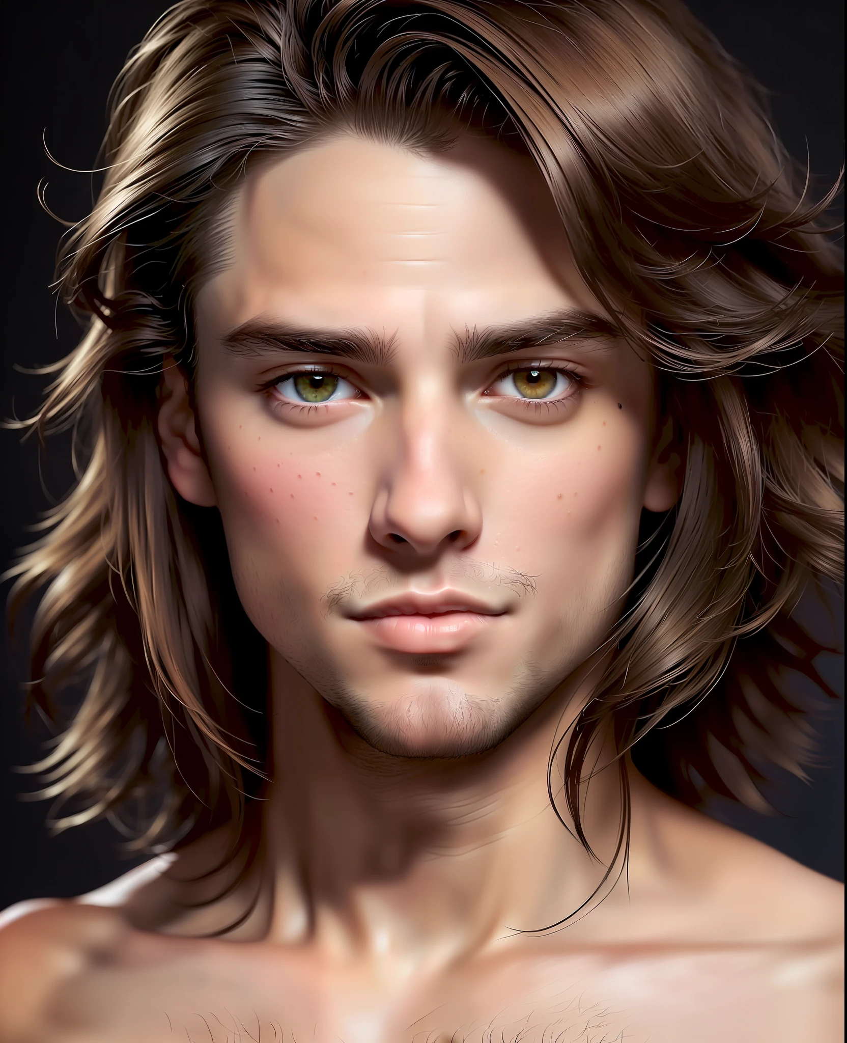 Portrait of a very handsome man. Perfect skin. It has a black mole near the upper lip. Long hair to the shoulders. Light brown hair. Electronic green eyes. Big eyes. Fleshy and proportionate lips. Hyper-detailed. Photorealistic. 8k. High quality