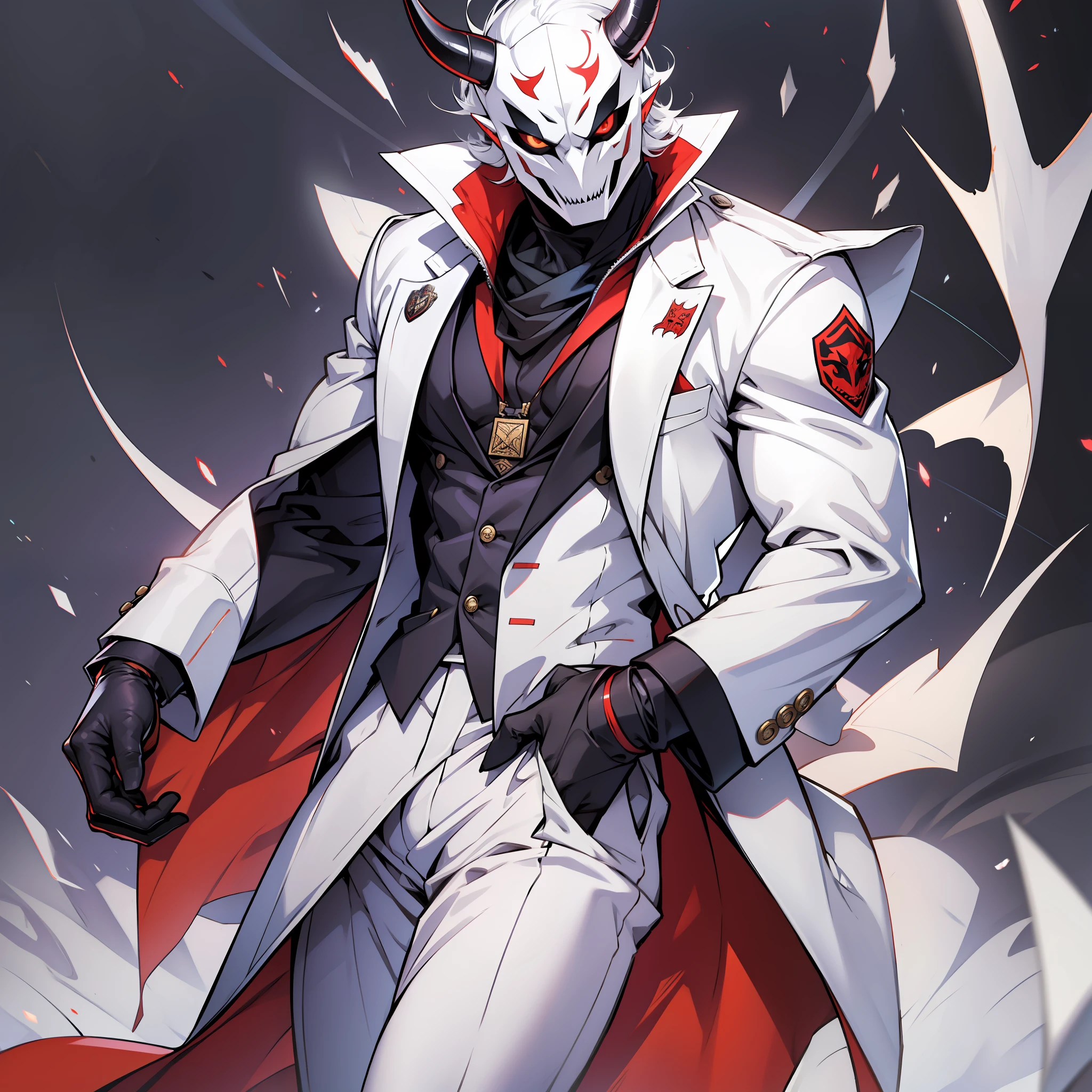 man, demon mask, white suit