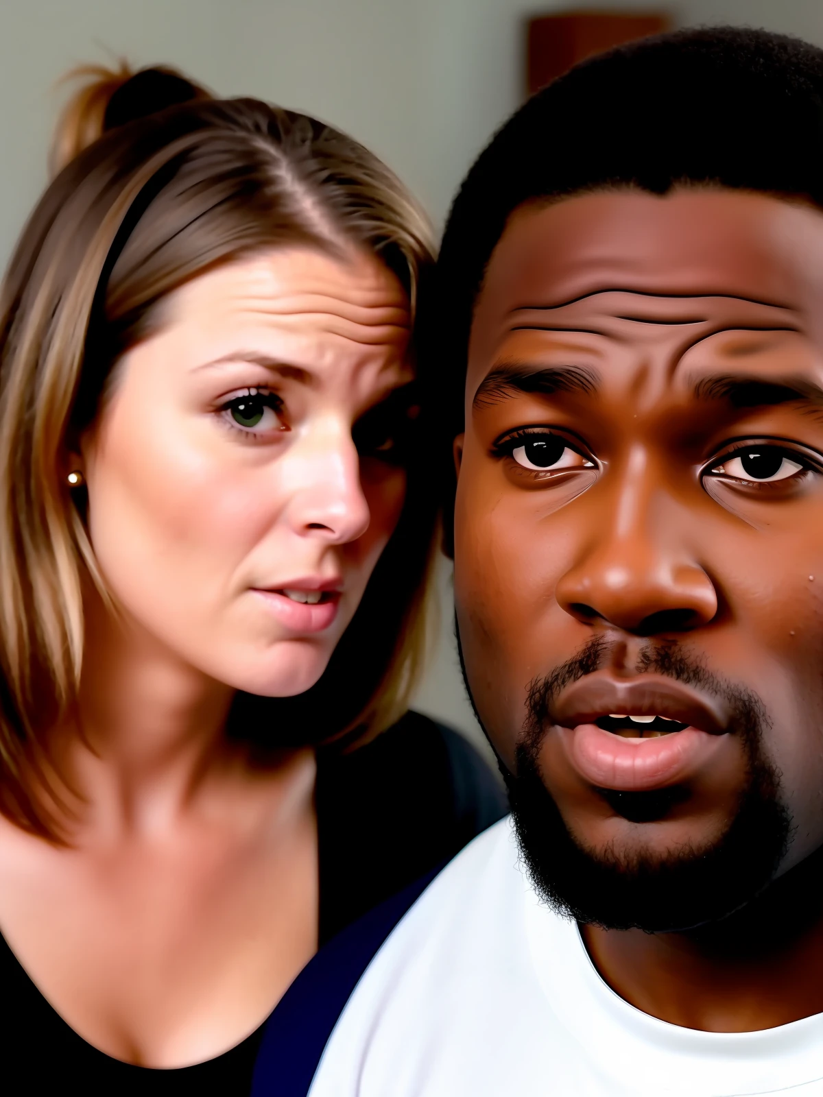 White woman, racist, she is looking disgusted, spitting phlegm in the face of a black man, she hates blacks. The man loved getting spit in his face