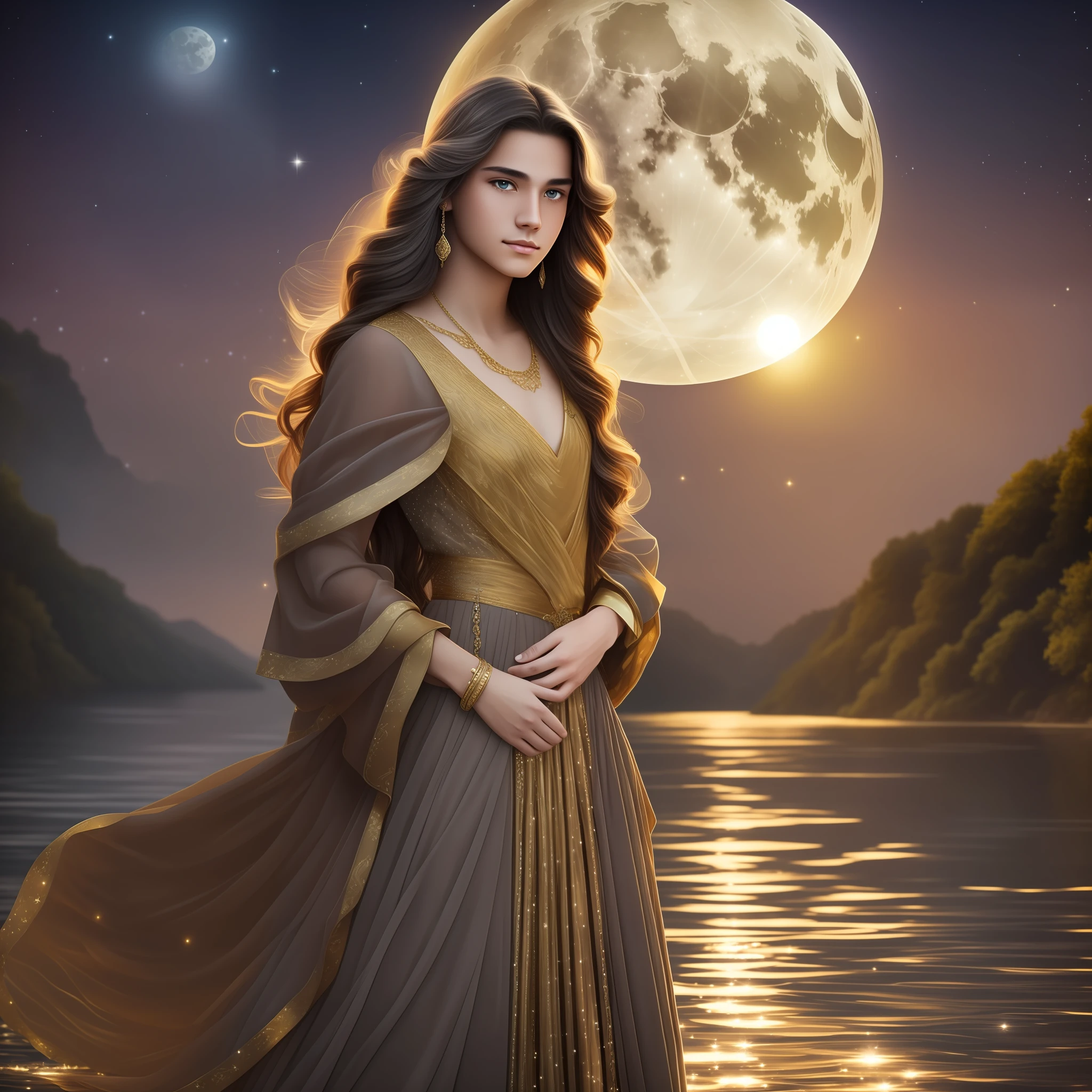 a beautiful twenty years old young man, he wears a golden ball gown and lots of jewelry, he has long brown hair, a pretty face and gray eyes, the young man stands infront of a big river, high detail, fantasy, night, floating lights, stars and a big full moon