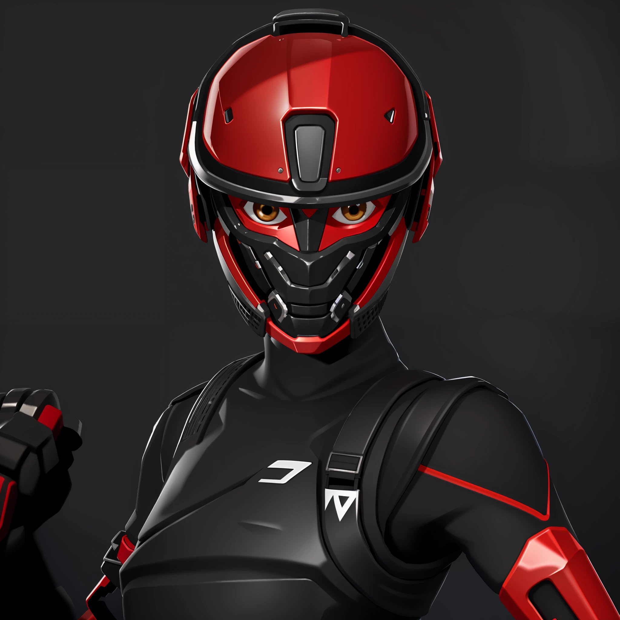 Um close up, gilr:1.3, solo, gilr focus, realistic, jewelry, shirt, brown eyes, portrait, motorcycle helmet black:0.7, helmet red:1.0, leather vest, mask red:1.2, face mask oni:1.2, face mask , arm tattoo:1.2, tanny skin:1:3, short sleeve