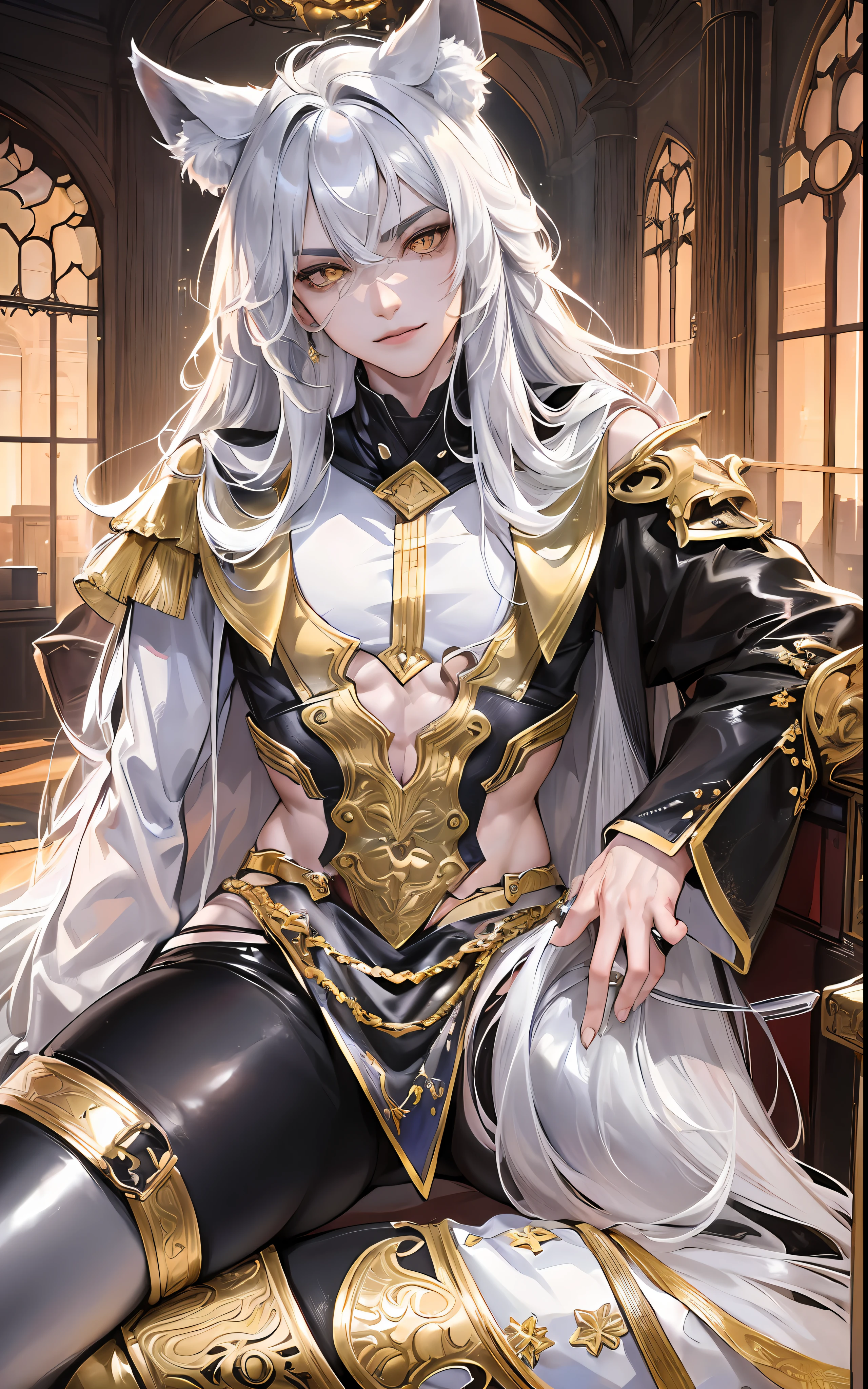 man, masculine, masculine face, attractive, muscular, ((1man)), masterpiece, absurdres, best quality ,intricate details , (shiny skin, shiny body, shiny oily luster skin, shiny hair, pale skintone), Sundown, attractive, ((muscular)), adult, one,medieval clothes, earrings, black pants, Don't look at the view , Not looking at the view, silver long hair, perfect detailed face, perfect detailed hands, wolf ears, wolf tail, gold eyes, ((MLS)), smirk, medium large shoot, 3/4 shoot, ((knee high photography plane))