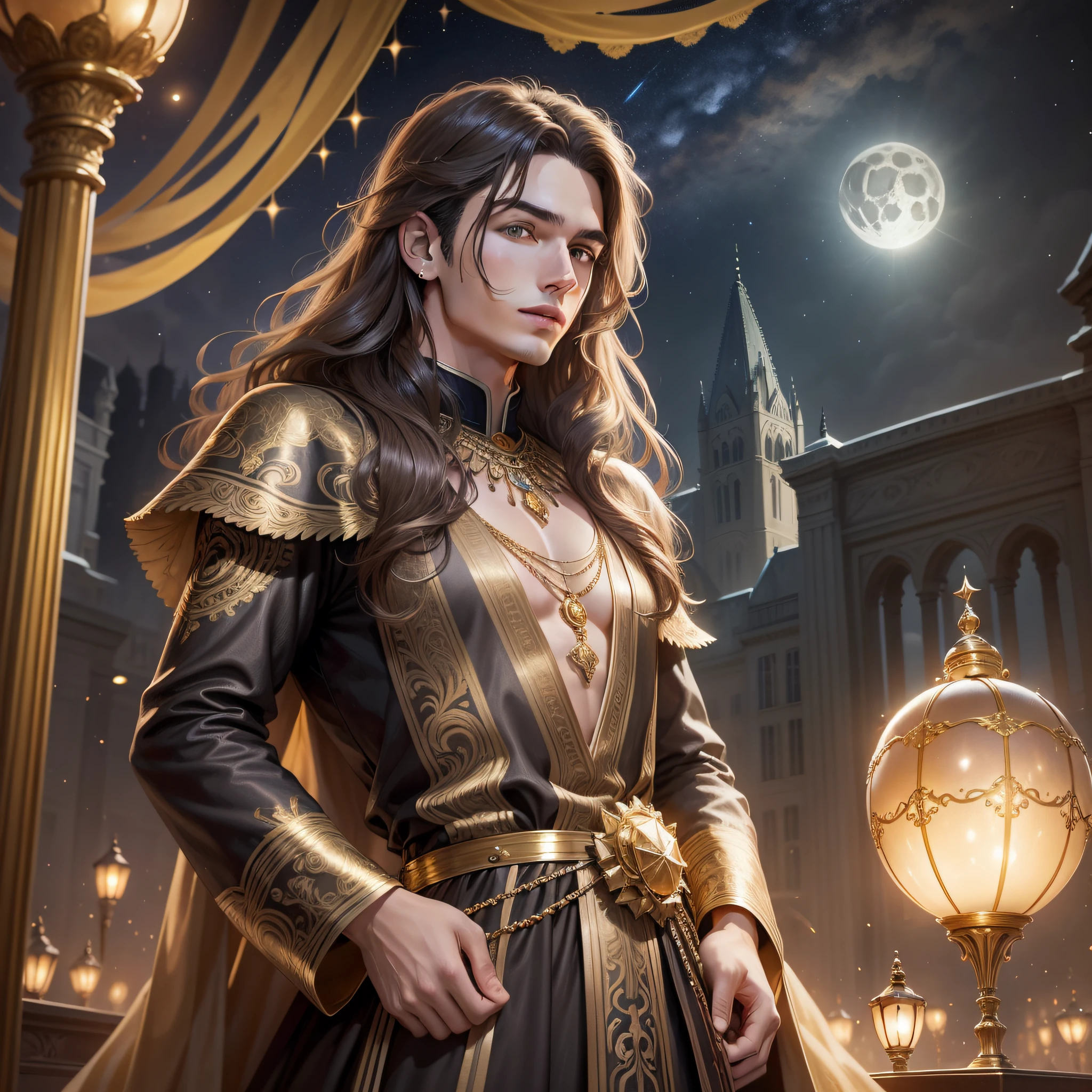 a beautiful twenty years old young man, he wears a golden ball gown and lots of jewelry, he has long brown hair, a pretty face and gray eyes, the young man stands infront of a big river, high detail, fantasy, night, floating lights, stars and a big full moon