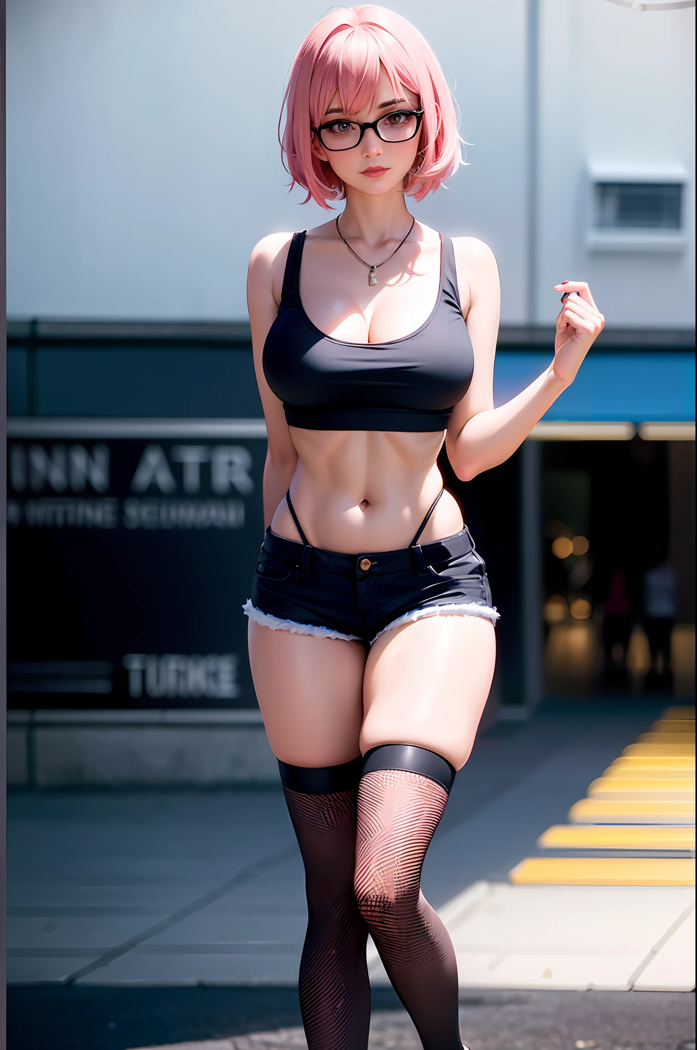 2 women with short hair falling in strands with tip at the end, one woman with pink hair and the other with white hair, (black tank top: 1.2), (black broken shorts: 1.2), fishnet stockings, thigh high stockings, yellow eyes, glasses, carabaas, pendants, (big tits: 1.5), large hips, (abraso), (looking at camera), without panties, makeup, (2 girls: 1.4), best quality, masterpiece, (realistic: 1.2), young women, detailed face, detailed eyes, detailed hair, detailed skin, dramatic, vibrant, sharp focus, 50mm, F1.2, EOS R8, (3/4 body: 1.2), standing, (complex background: 1.6), (Best quality details: 1.2), 8K High Definition,