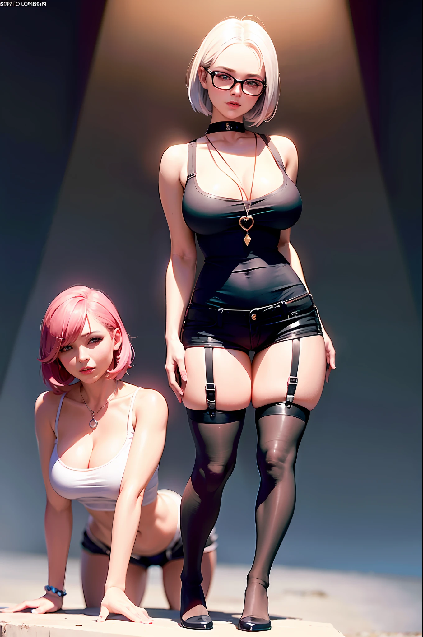 2 women with short hair falling in strands with tip at the end, one woman with pink hair and the other with white hair, (black tank top: 1.2), (black broken shorts: 1.2), fishnet stockings, thigh high stockings, yellow eyes, glasses, carabaas, pendants, (big tits: 1.5), large hips, (abraso), (looking at camera), without panties, makeup, (2 girls: 1.4), best quality, masterpiece, (realistic: 1.2), young women, detailed face, detailed eyes, detailed hair, detailed skin, dramatic, vibrant, sharp focus, 50mm, F1.2, EOS R8, (3/4 body: 1.2), standing, (complex background: 1.6), (Best quality details: 1.2), 8K High Definition,