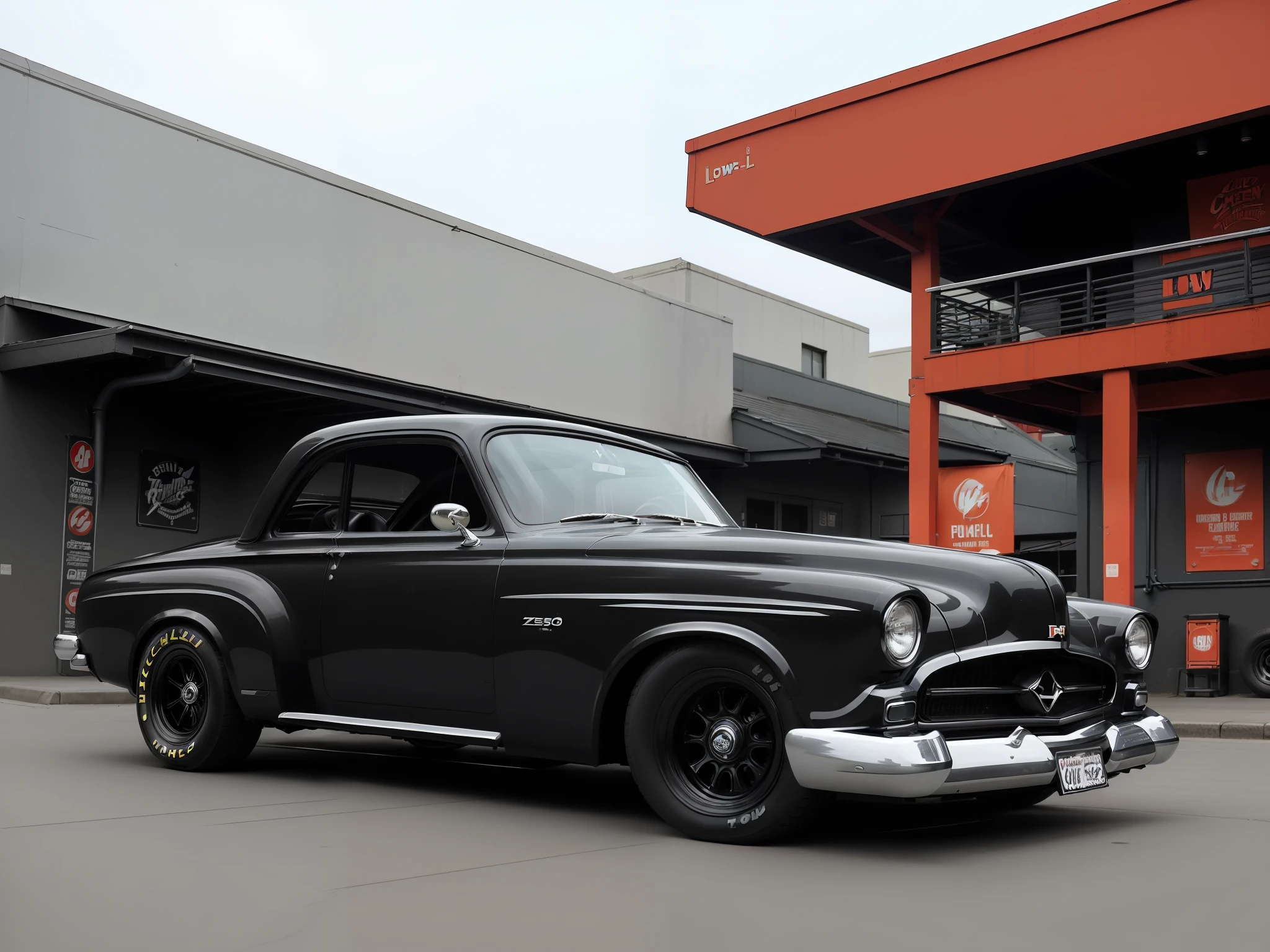 (((low-slung old retro tuned black race zeekars))) at the parking lot, at night city,