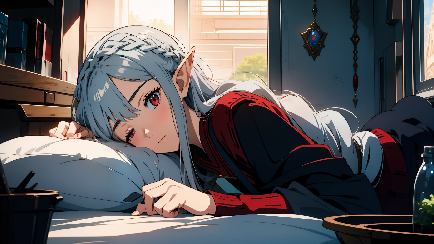 1 girl close-up, sleeping, elf, silver hair, red eyes, braid, concept art, official art, beautiful anime scene, beautiful anime landscape, anime landscape