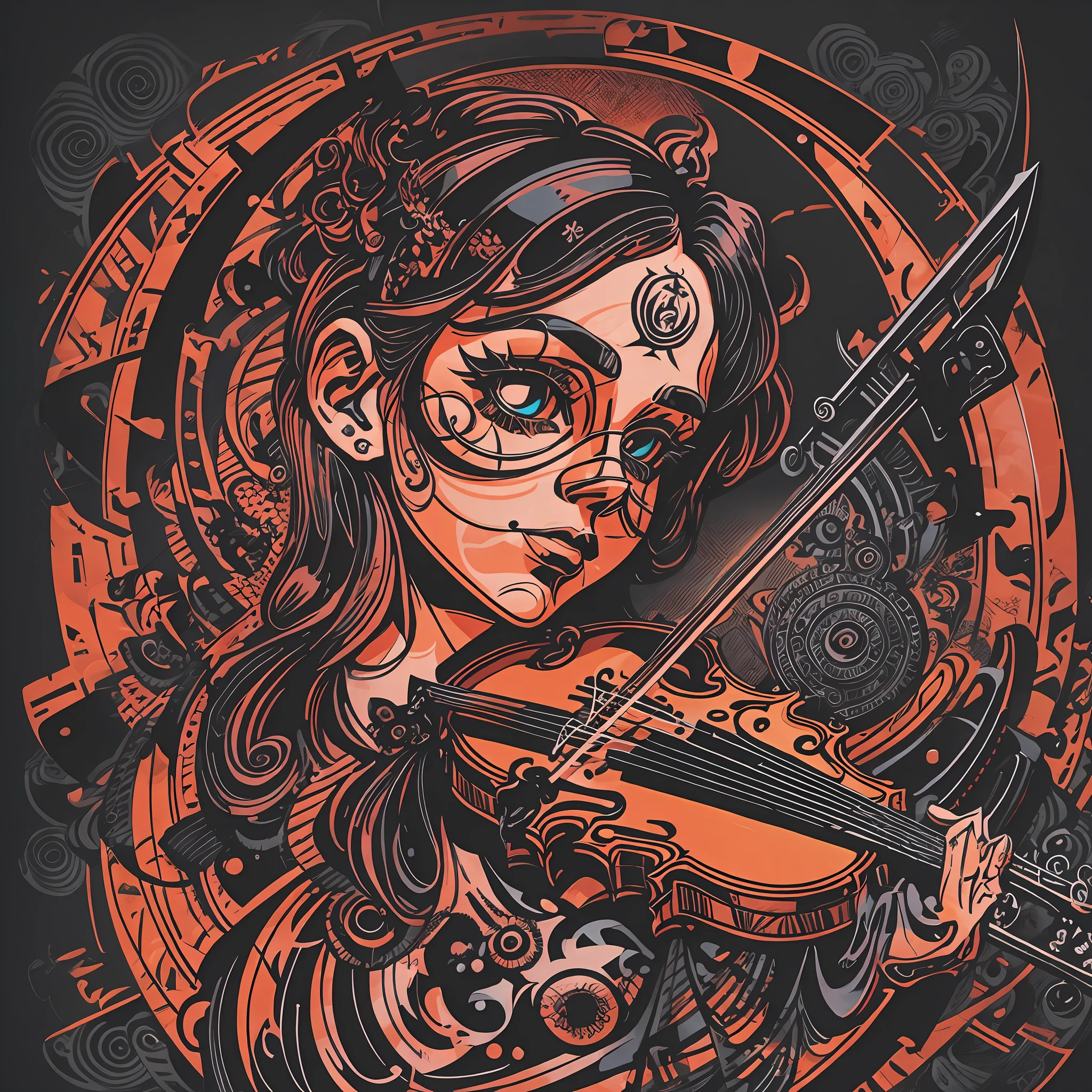 t-shirt art, 2D, ((black background: 1, 5)), vector, vivid colors, violin and sheet music, dystopian stage, masterpiece, best quality, intricate details, perfect symmetrical face, rim light, moonlight, shading Cinematographer, Greg Rutkowisk --auto --s2
