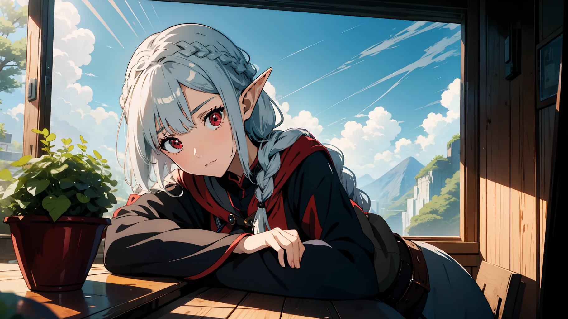 1 girl close-up, sleeping, elf, silver hair, red eyes, braid, concept art, official art, beautiful anime scene, beautiful anime landscape, anime landscape