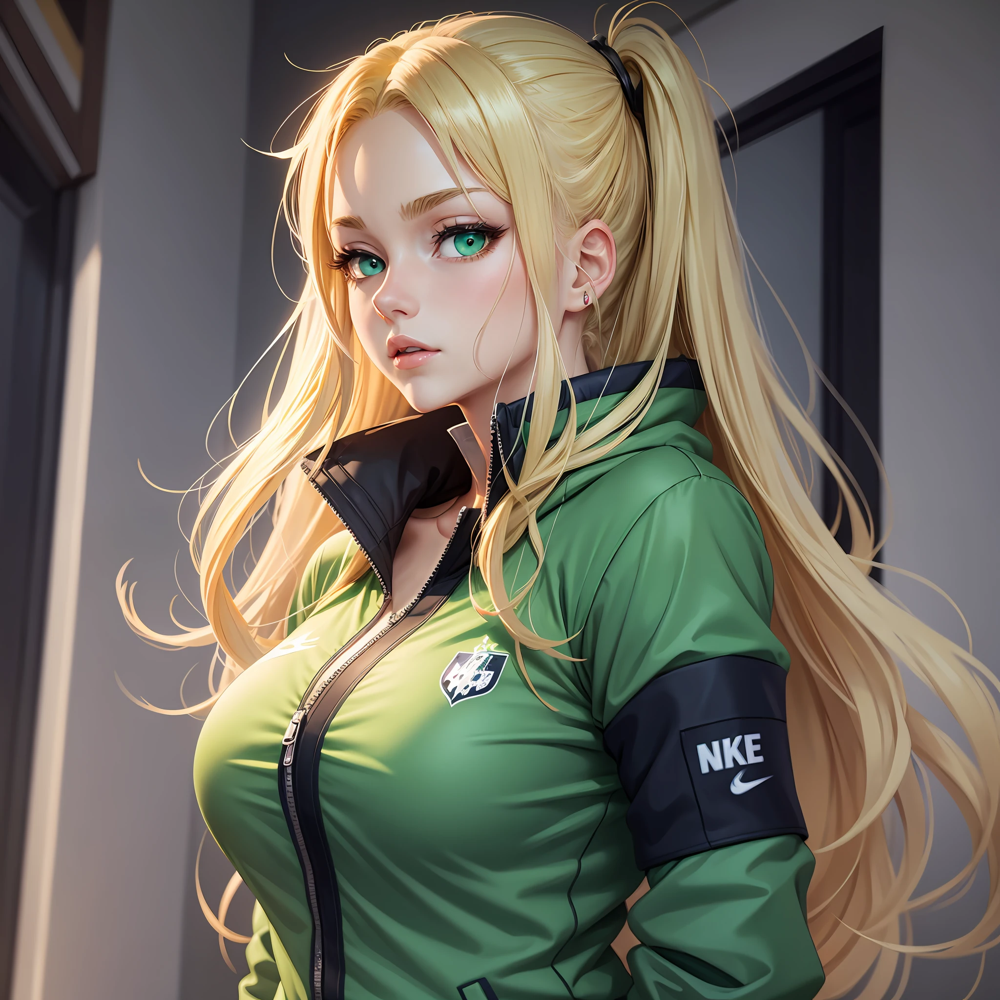 Closet up German woman tied blonde hair from green eyes, large breasts defined body, wearing a green jacket with symbol of the flag of England with a white blouse underneath and wearing black jeans and with wearing a blue color Nike tennis, anime style) (anime style art, high quality image --auto --s2