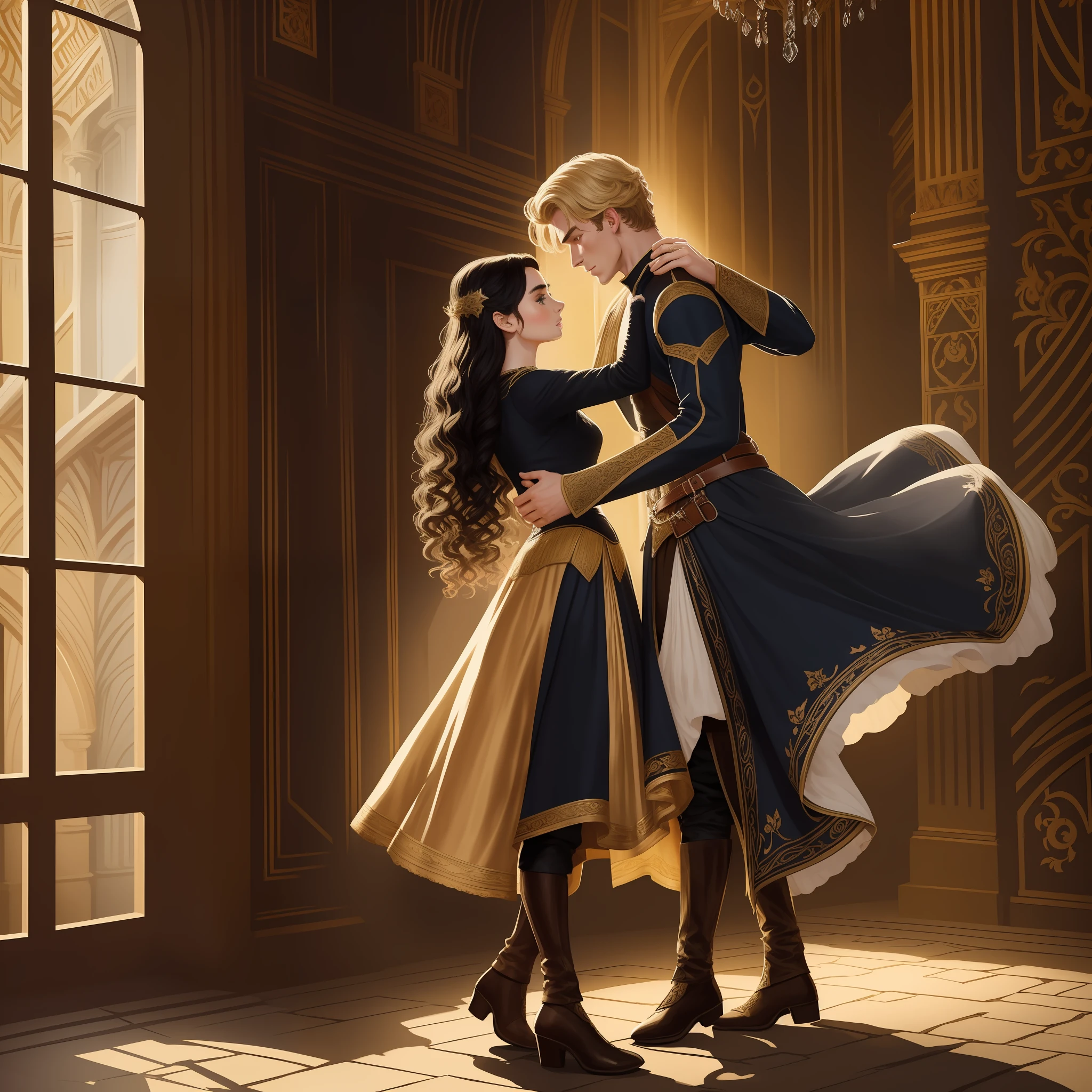 Lily Collins, who has curly black hair, wears a medieval dress. the Neels Visser wears a medieval military outfit and has blonde hair. The couple is waltzing in the ballroom. The illustration is like a book cover with a detailed, bright, illuminated, ultra detailed background, concept art, elegant, WLOP art