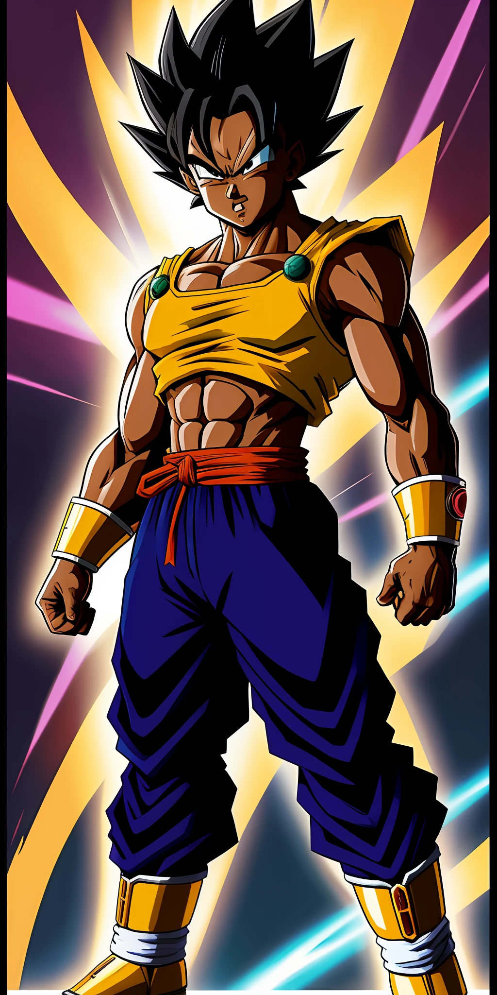 a picture a black cartoon super sayayin of a young Gohan with black skin power cry, Prince Vegeta, Vegeta, Dragonball character, Gogeta, Akiri Toriyama, Dragon Ball Artstyle, Dragon Ball Z Style, Akira Toriyama Style, Broly, Dragon Ball Style, with Vegeta head hair, human Goku, Dragon Ball Concept Art, DBZ, brown skin,  skin color black, African-American.