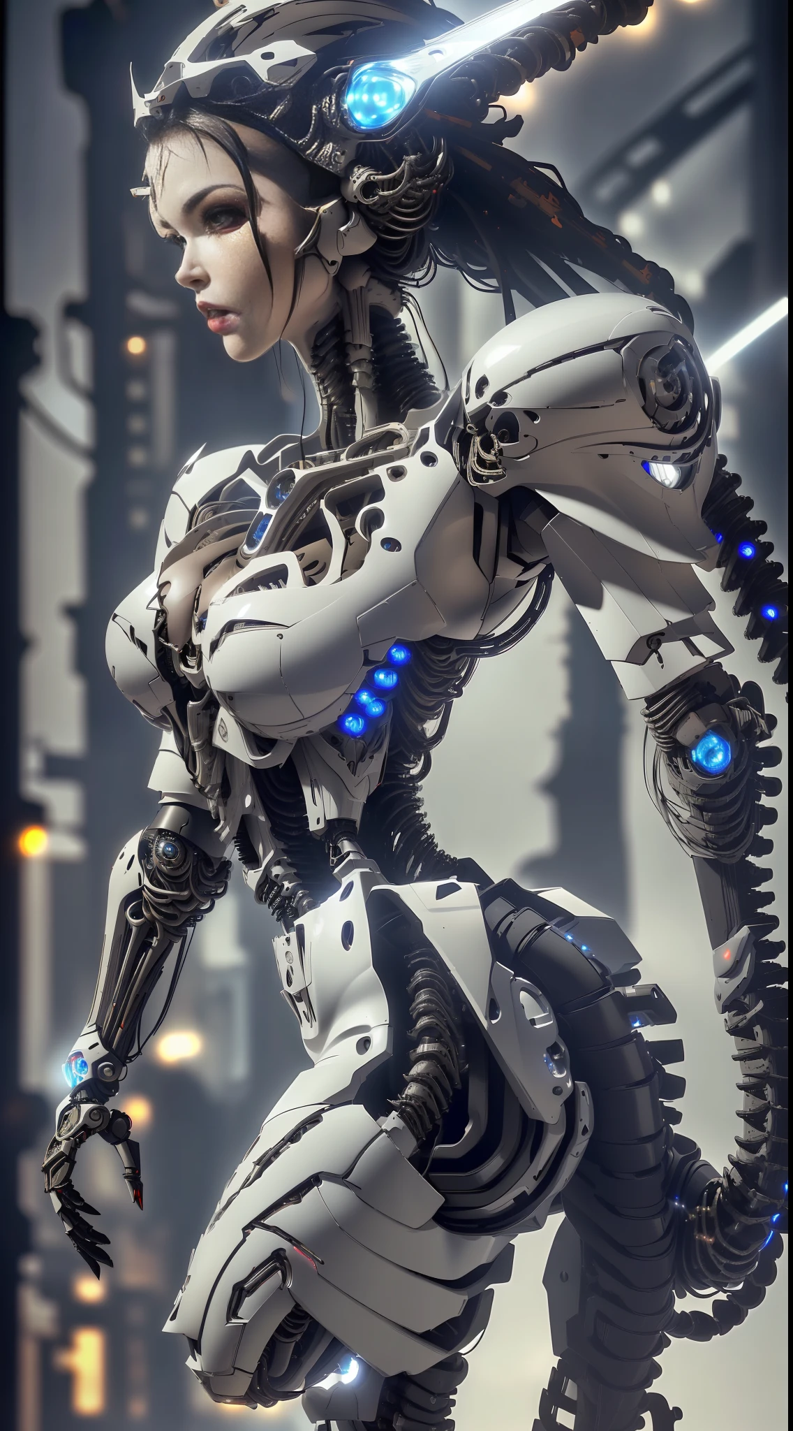 A stunning female warrior wearing an exoskeleton armor in a battle pose, (biomechanical style:1.3), inspired by H.R. Giger's art, dystopian urban landscape background, cinematic lighting with a high contrast, (realistic 3D rendering:1.2), (glowing LEDs:1.5), smoke and debris in the air.