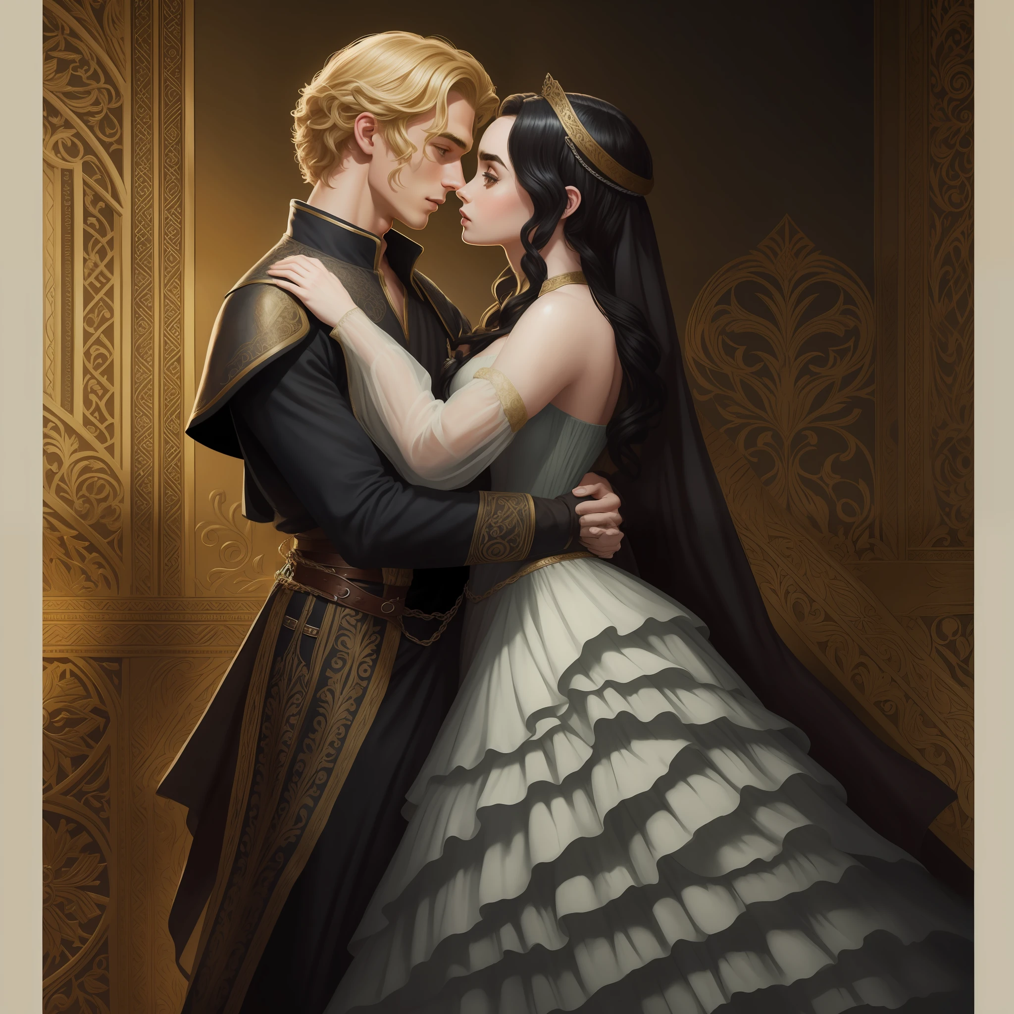 Lily Collins, who has curly black hair, wears a medieval dress. the Neels Visser wears a medieval military outfit and has blonde hair. The couple is waltzing in the ballroom. The illustration is like a book cover with a detailed, bright, illuminated, ultra detailed background, concept art, elegant, WLOP art