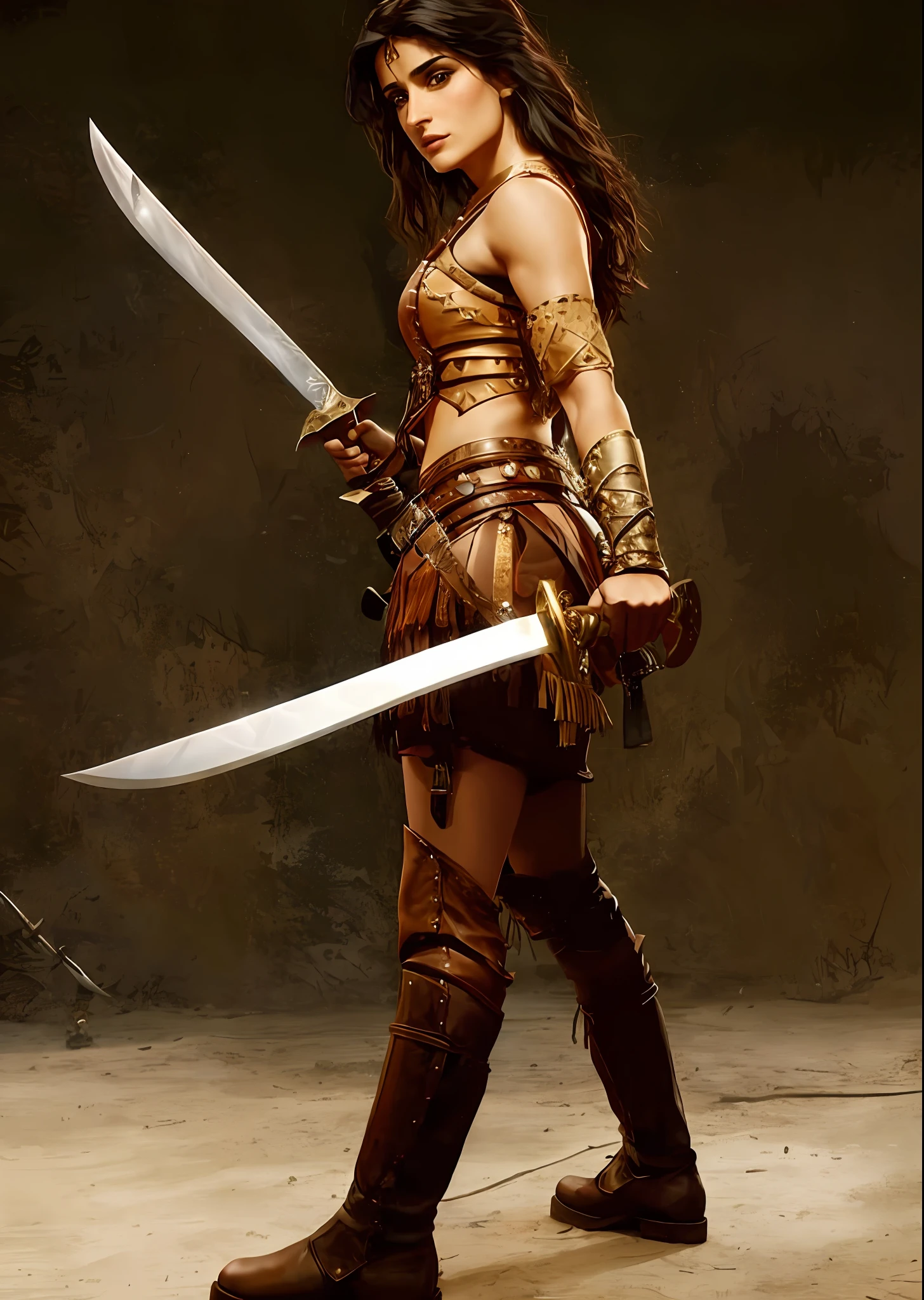 araffe woman in a leather outfit holding a sword and a knife, salma hayek as a barbarian, she is holding a sword, female warrior, with large sword, warrior princess, beautiful female warrior, warrior woman, barbarian warrior woman, a beautiful woman warrior, she is ready to fight, warrior girl, posing with a sword