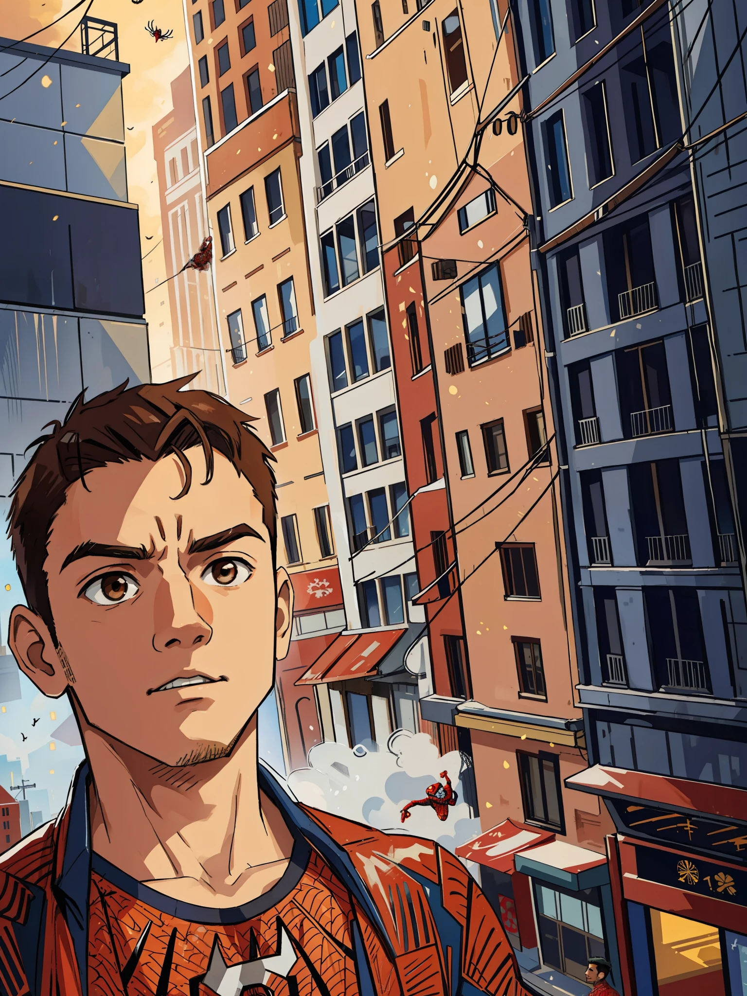 (masterpiece, best quality), intricate details, 8k, artstation, wallpaper, official art, splash art, sharp focus,
1boy, Nakiri Ayame, brown eyes, brown hair,
spider suit, spider web print, spider web,
skyscrappers, city, buildings, cars, street, superhero pose, one person, city background empty, boy wearing spider-man suit, hair spiked up a bit, no hair on forehead, only brown hair, clean empty background no animals or blobs in background, only buildings in background