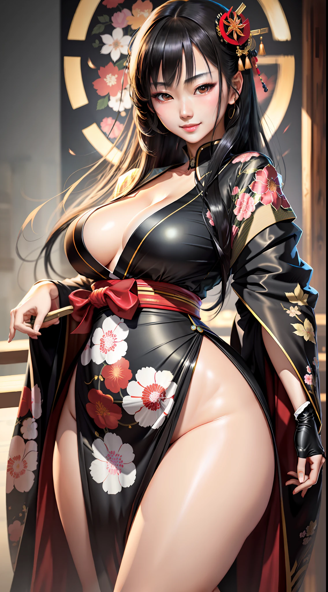 Masterpiece, maximum quality, ultra high resolution, 8k, Japanese girl (extremely beautiful), black hair, full body, very thin, detailed face, detailed eyes, mischievous smile, wide hips, thick thighs, smooth and soft pellet, wearing micro kimono