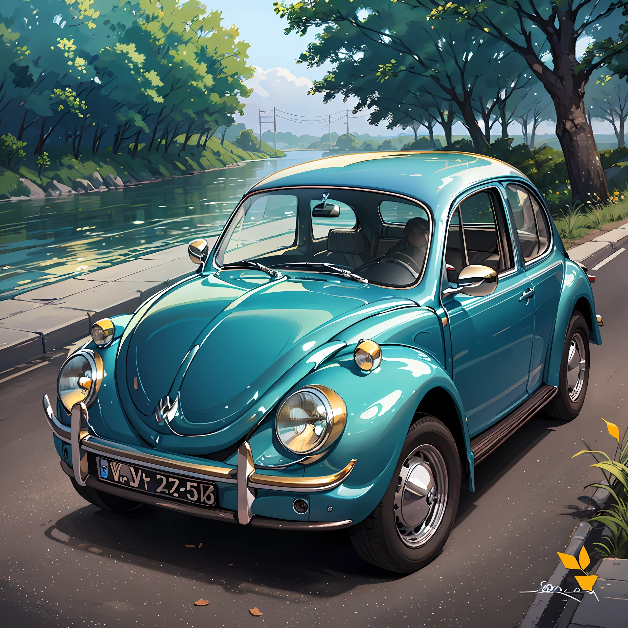 Volkswagen Beetle with Riverbank and Girl --auto --s2