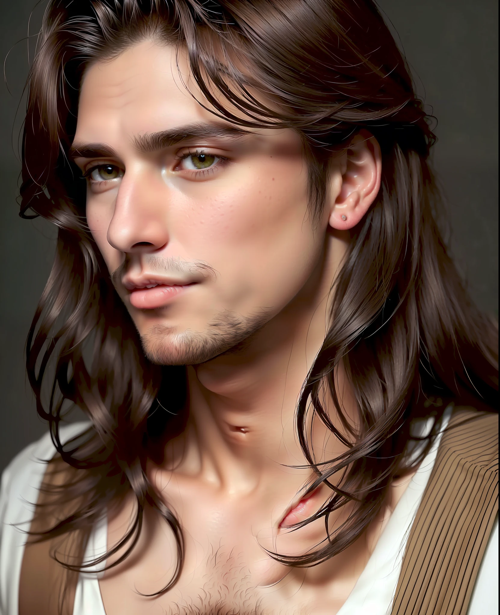 Portrait of a very handsome man with a Latin air. Perfect skin. It has a black mole near the upper lip. Long hair to the shoulders. Light brown hair. Electronic green eyes. Big eyes. Fleshy and proportionate lips. Hyper-detailed. Photorealistic. 8k. High quality