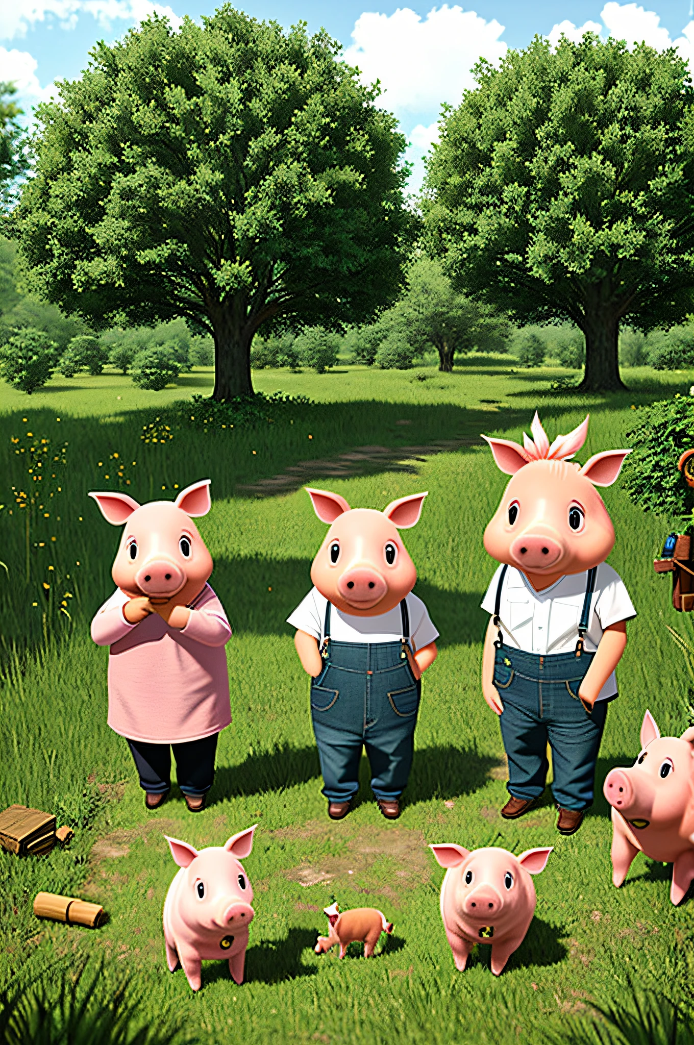 3 pigs, in a forest, bacon trees, farmer's clothes, building tools, 4k, anime, sarcastic