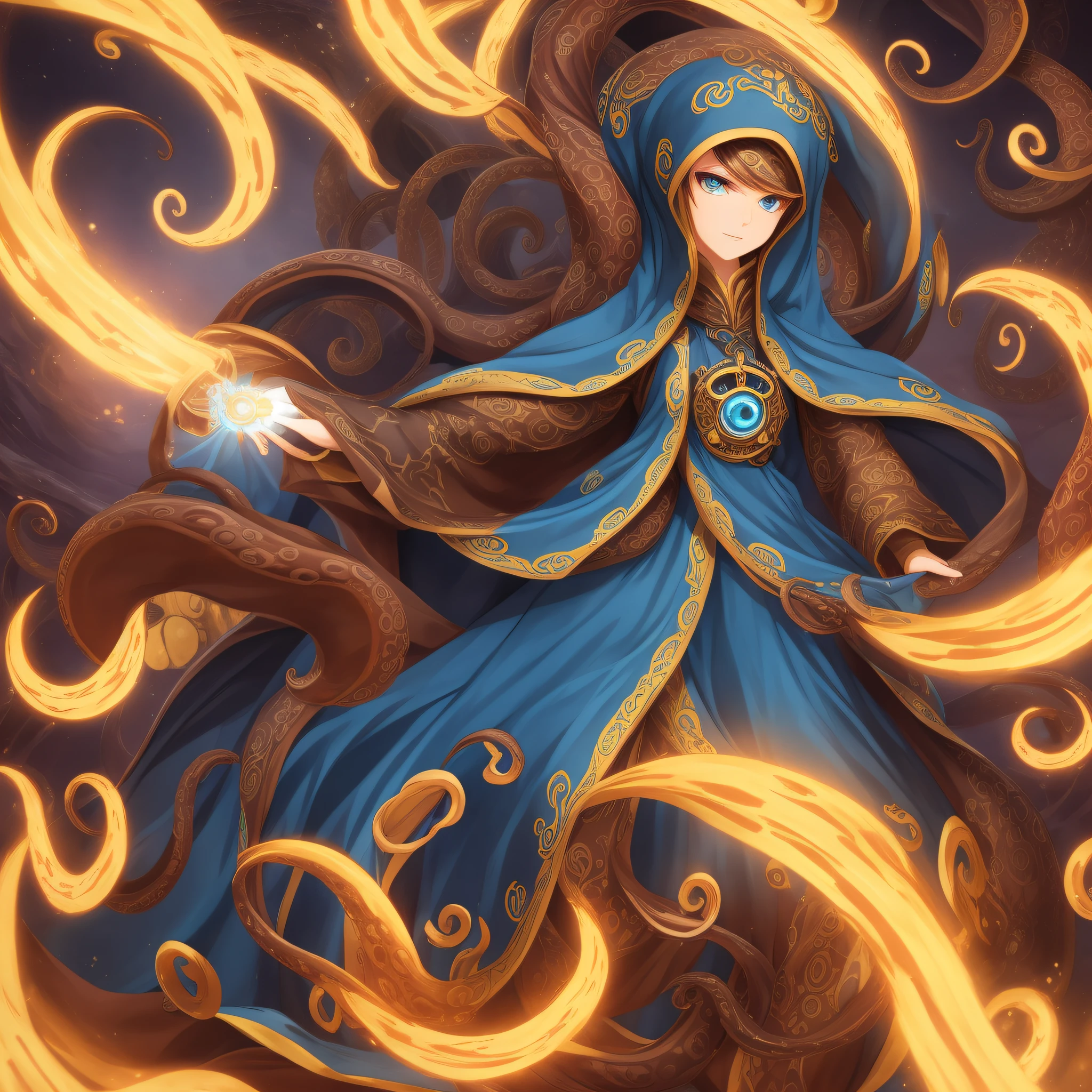 cephalopod, lady fortune, dark-brown tentacles, white tentacles, bright blue hair, shimmering golden eyes, robes, holding a wheel in one tentacle, masterpiece, Best Quality